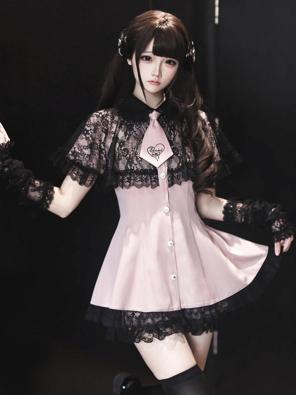 Ekomi Pink Black Striped Doll Collar A Line Lace Slim Fit Women's Short Sleeve Op