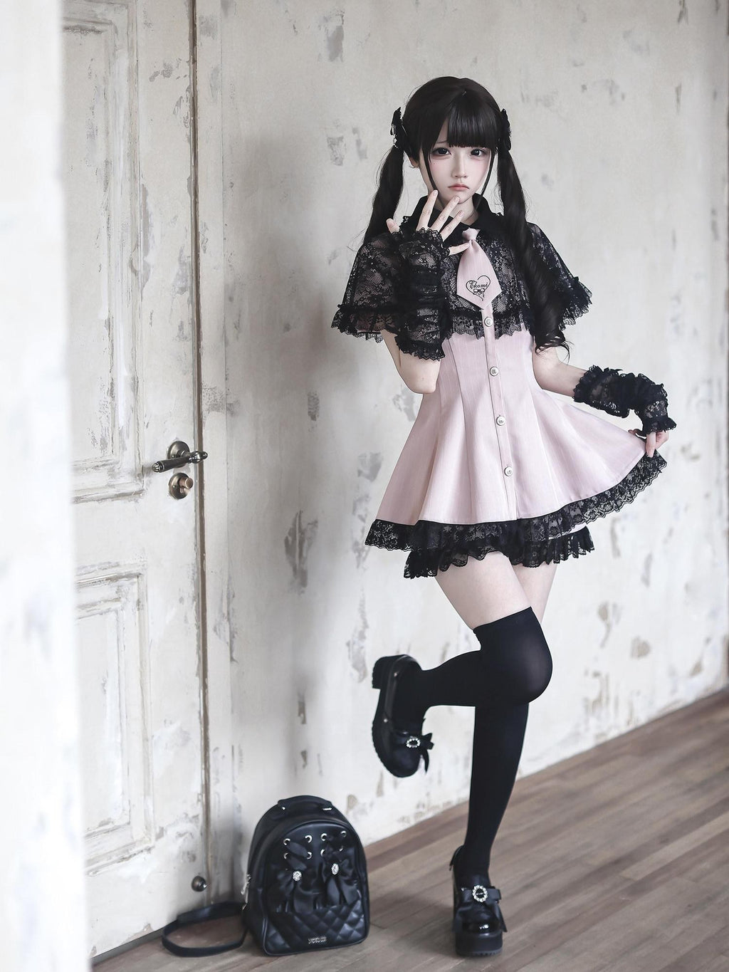 Ekomi Pink Black Striped Doll Collar A Line Lace Slim Fit Women's Short Sleeve Op