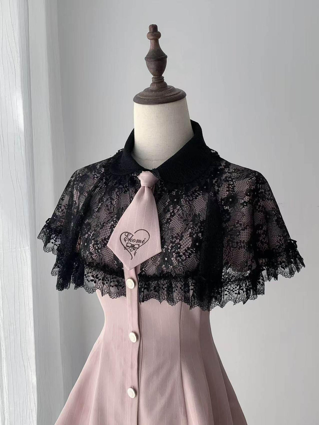 Ekomi Pink Black Striped Doll Collar A Line Lace Slim Fit Women's Short Sleeve Op