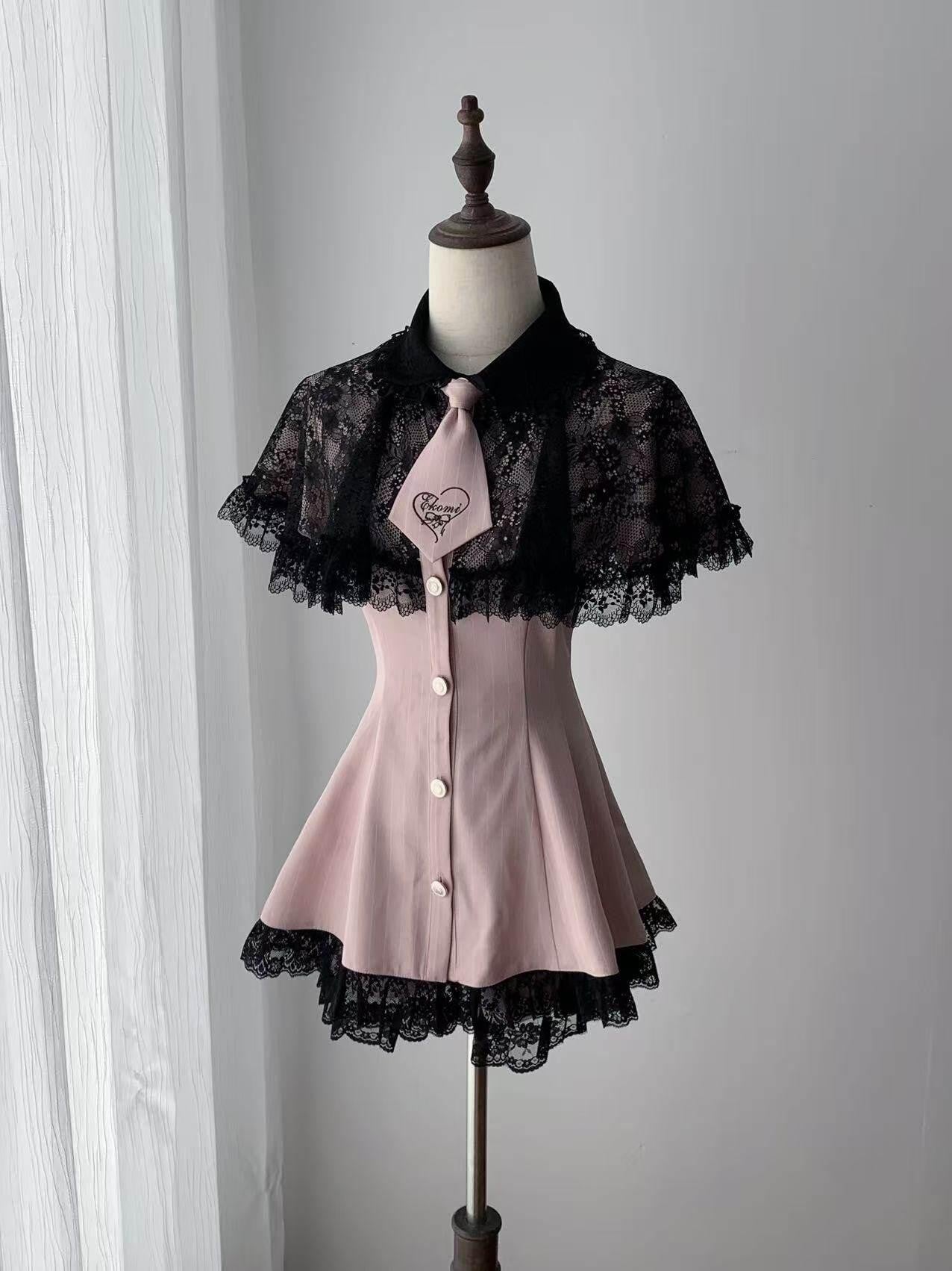 Ekomi Pink Black Striped Doll Collar A Line Lace Slim Fit Women's Short Sleeve Op