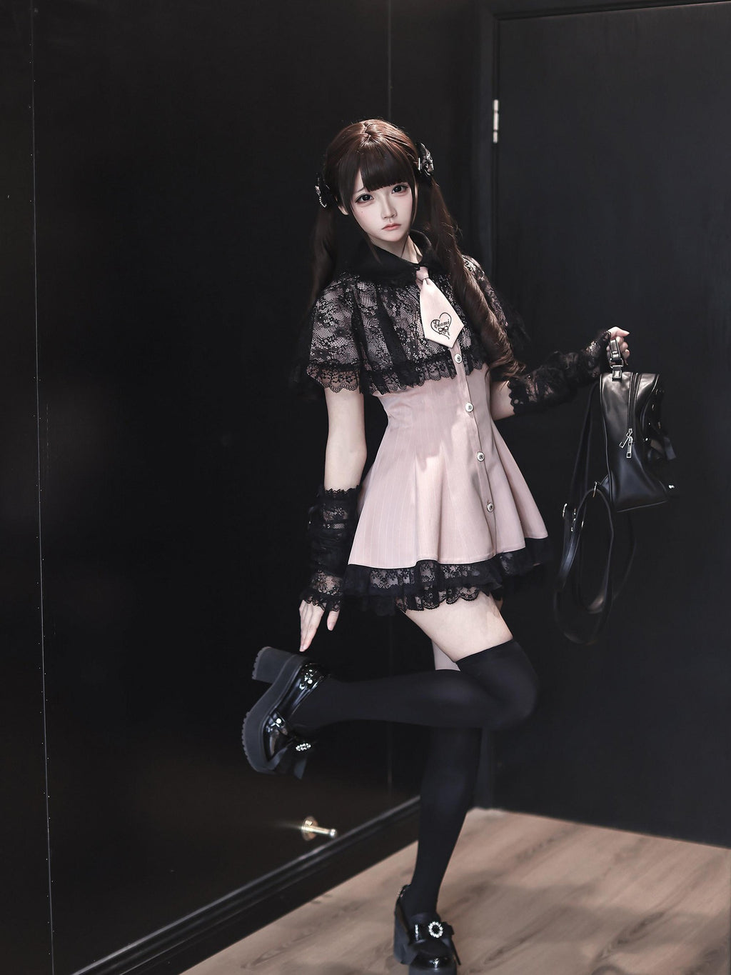 Ekomi Pink Black Striped Doll Collar A Line Lace Slim Fit Women's Short Sleeve Op