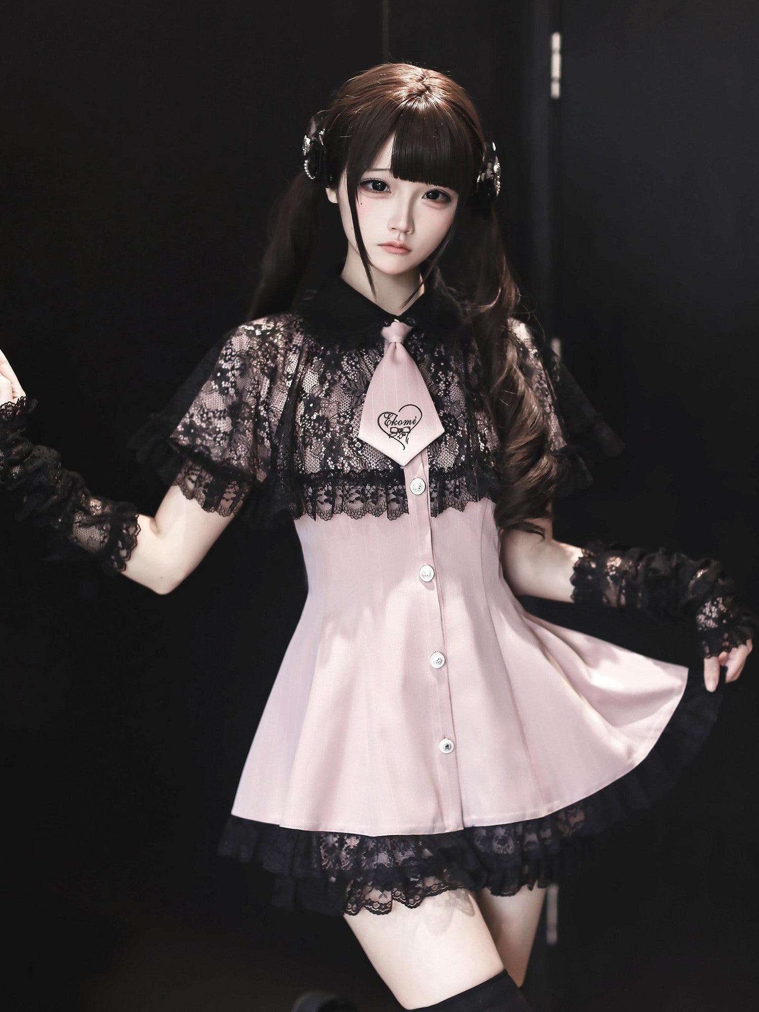 Ekomi Pink Black Striped Doll Collar A Line Lace Slim Fit Women's Short Sleeve Op