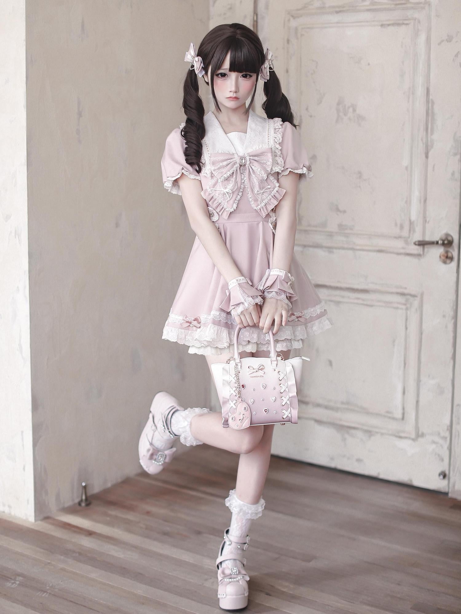 Ekomi Pink Dream Knot Lace A Line Slim Fit Round Neck Women's Short Sleeve Op