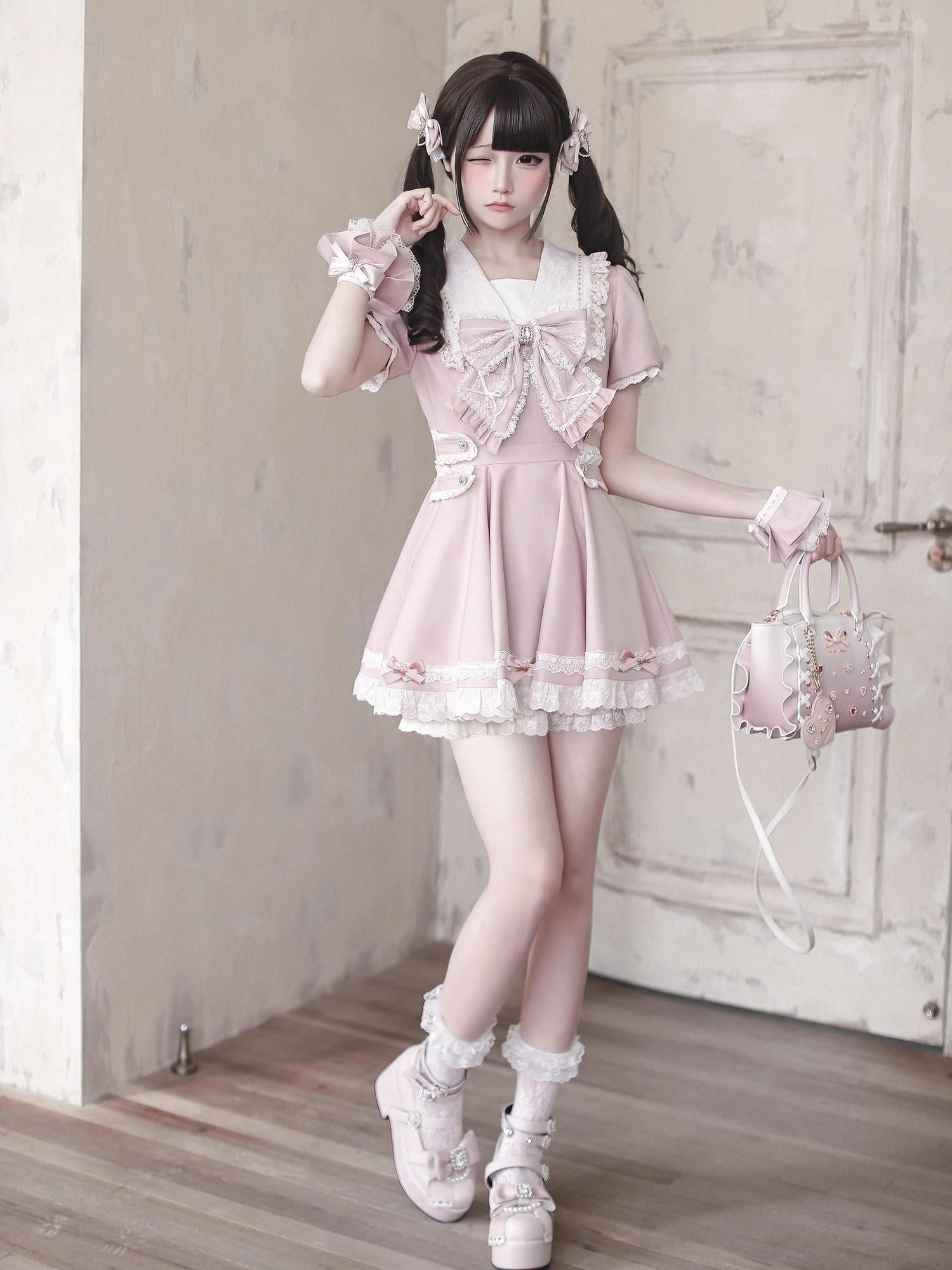 Ekomi Pink Dream Knot Lace A Line Slim Fit Round Neck Women's Short Sleeve Op