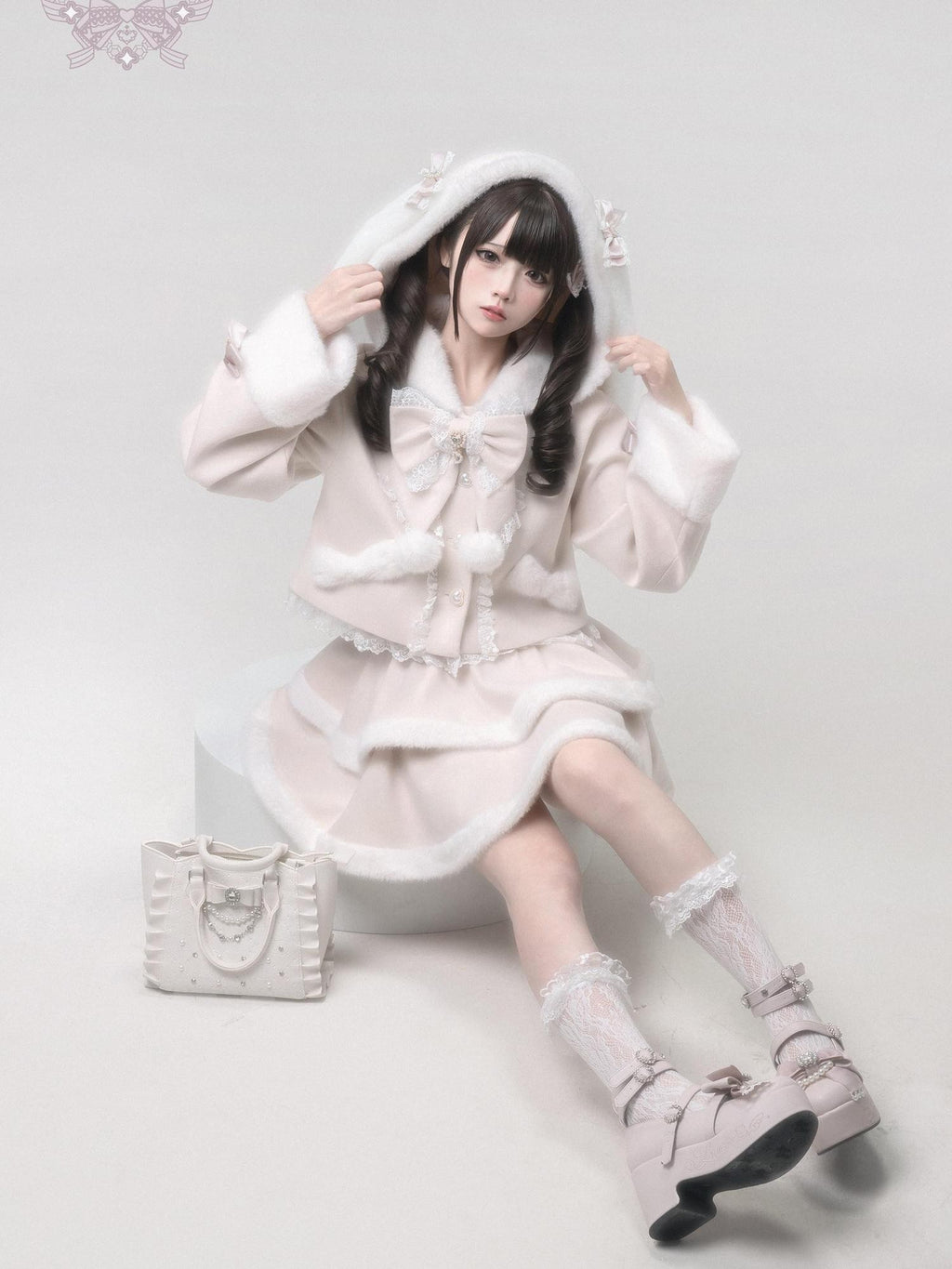 Ekomi Pink Heart Knot Lace Detachable Rabbit Ears Women's Plush Full Coordination Sets