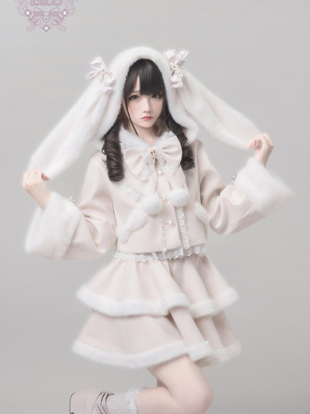 Ekomi Pink Heart Knot Lace Detachable Rabbit Ears Women's Plush Full Coordination Sets