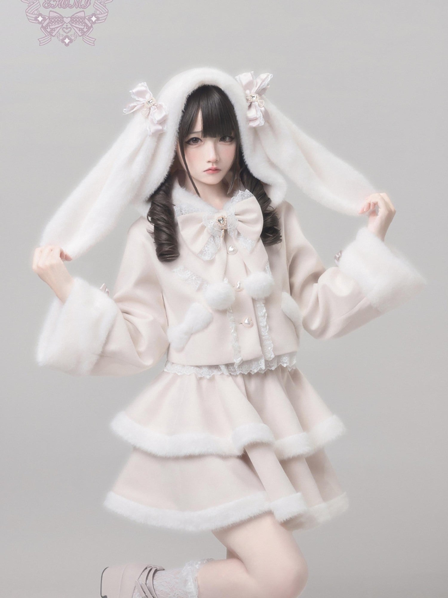 Ekomi Pink Heart Knot Lace Detachable Rabbit Ears Women's Plush Full Coordination Sets
