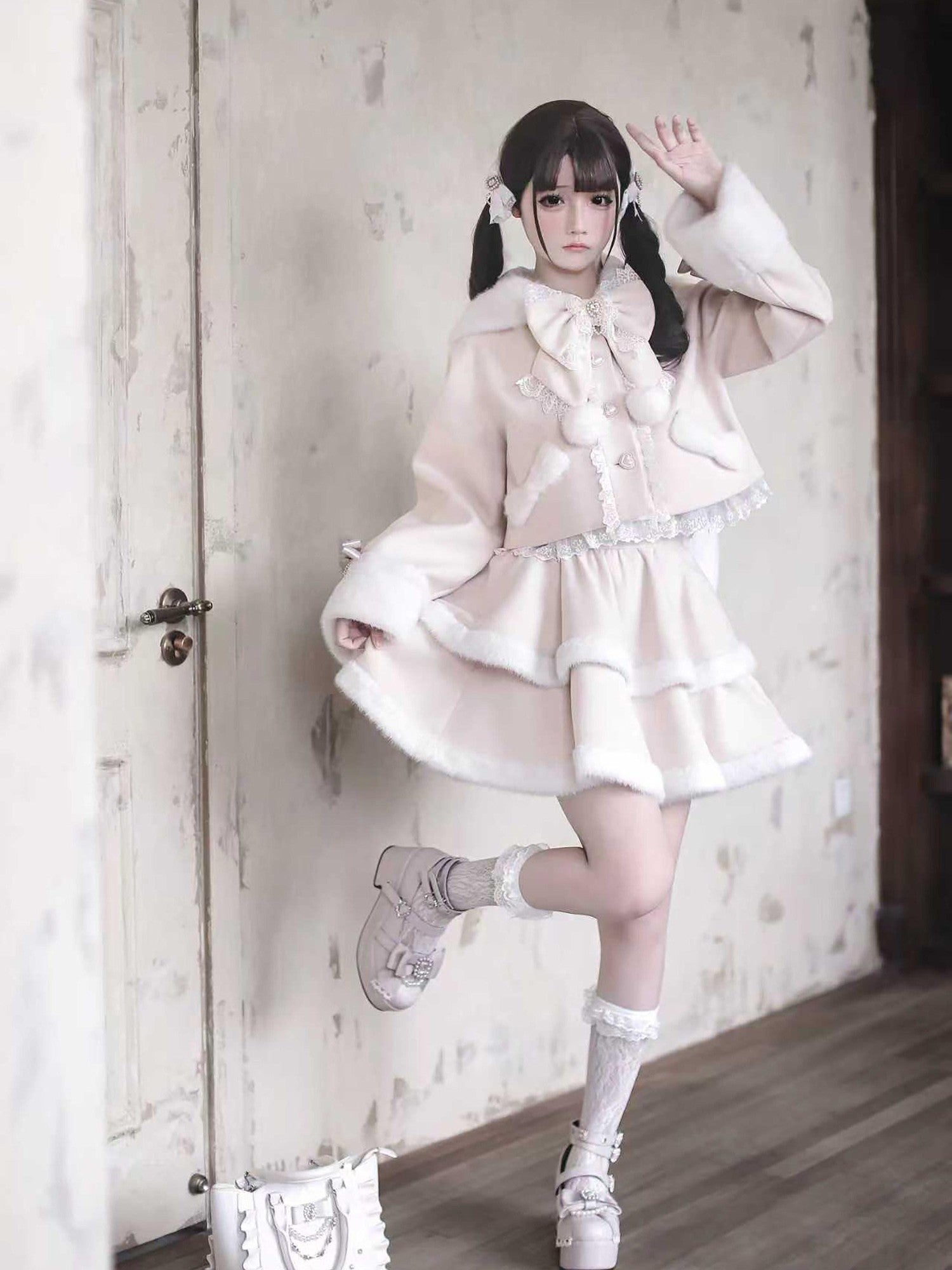 Ekomi Pink Heart Knot Lace Detachable Rabbit Ears Women's Plush Full Coordination Sets