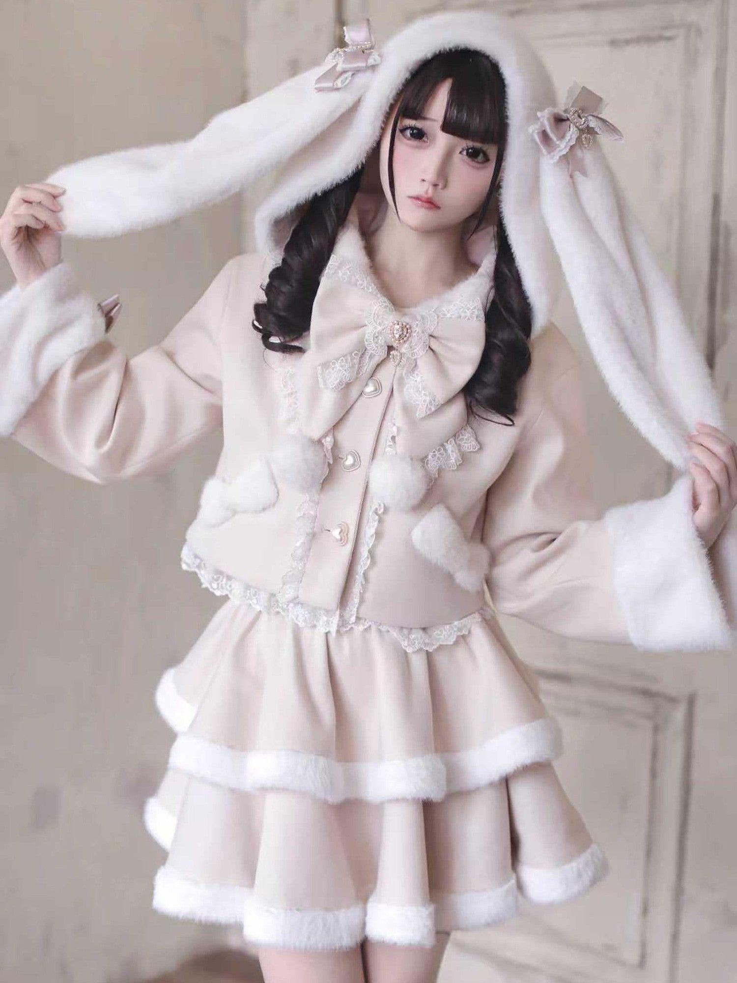 Ekomi Pink Heart Knot Lace Detachable Rabbit Ears Women's Plush Full Coordination Sets