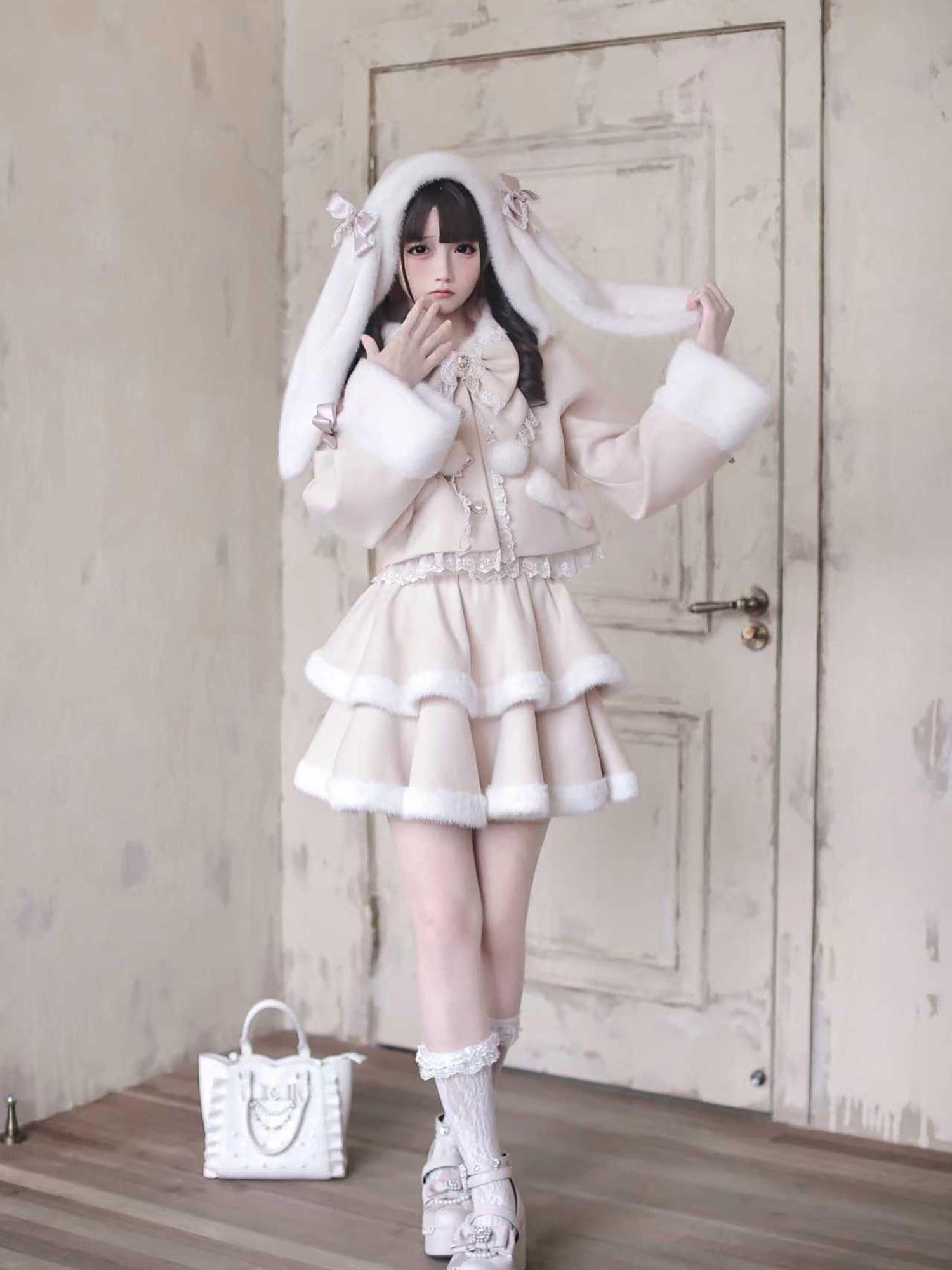 Ekomi Pink Heart Knot Lace Detachable Rabbit Ears Women's Plush Full Coordination Sets