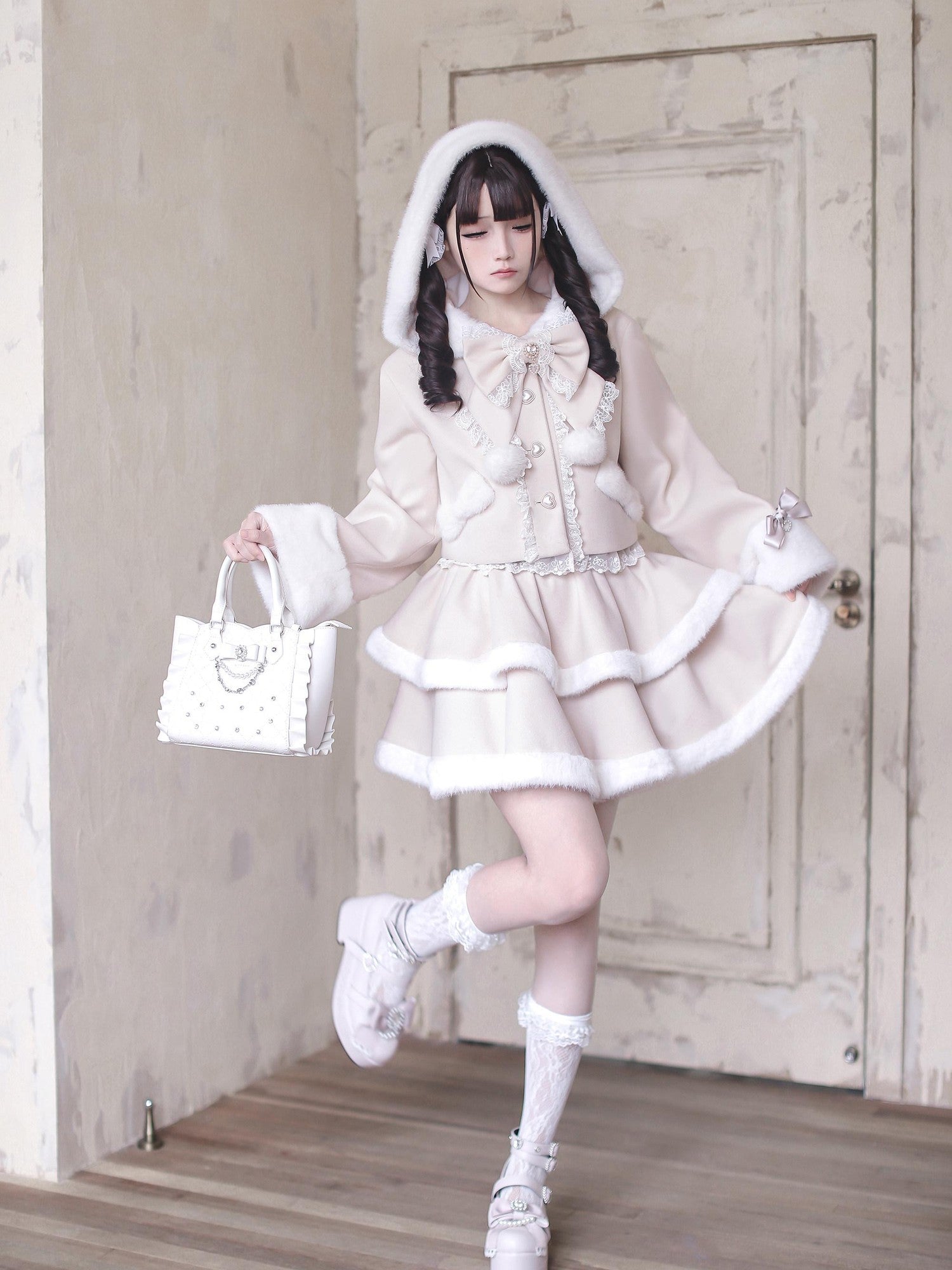 Ekomi Pink Heart Knot Lace Detachable Rabbit Ears Women's Plush Full Coordination Sets