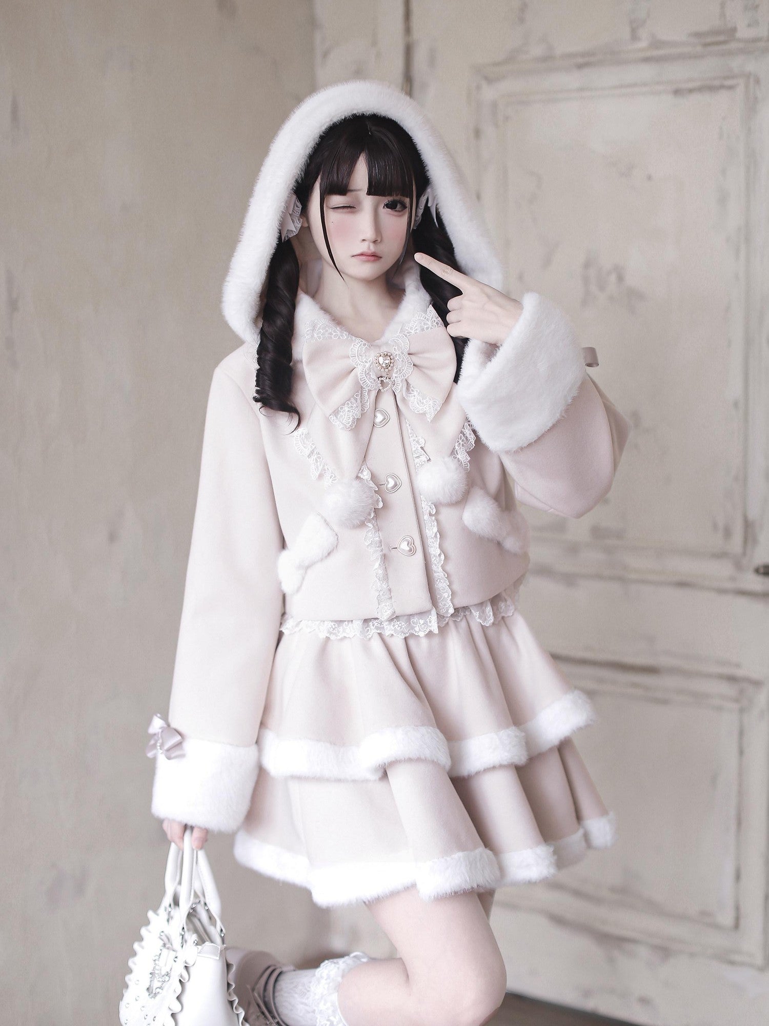 Ekomi Pink Heart Knot Lace Detachable Rabbit Ears Women's Plush Full Coordination Sets