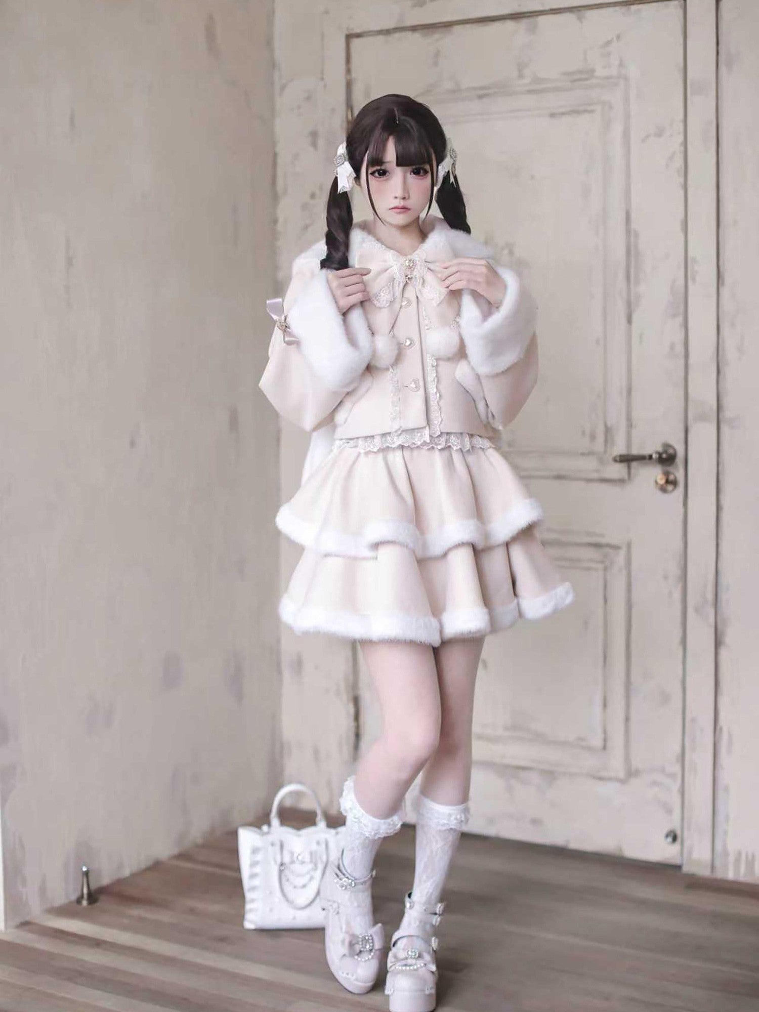 Ekomi Pink Heart Knot Lace Detachable Rabbit Ears Women's Plush Full Coordination Sets