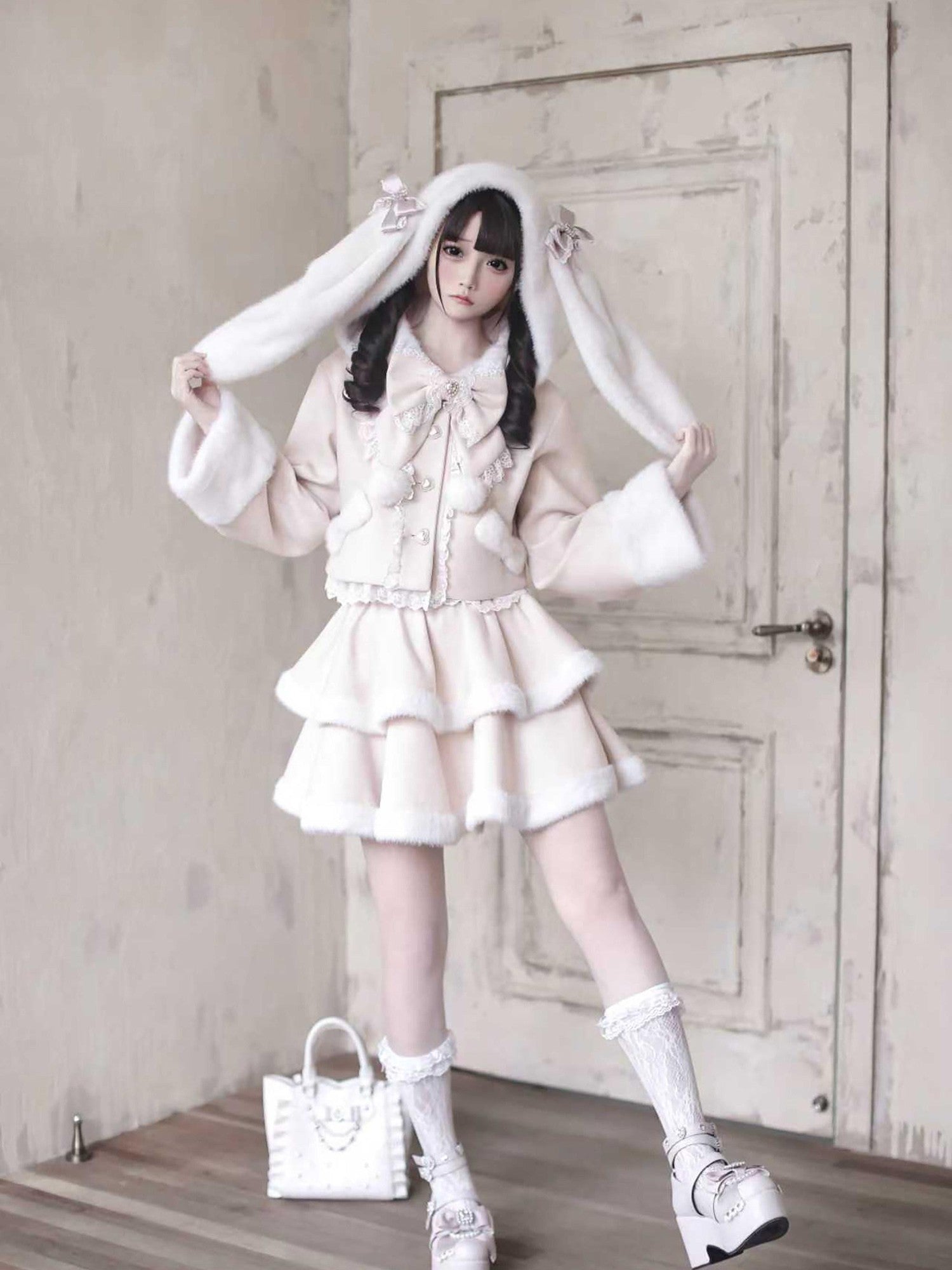 Ekomi Pink Heart Knot Lace Detachable Rabbit Ears Women's Plush Full Coordination Sets