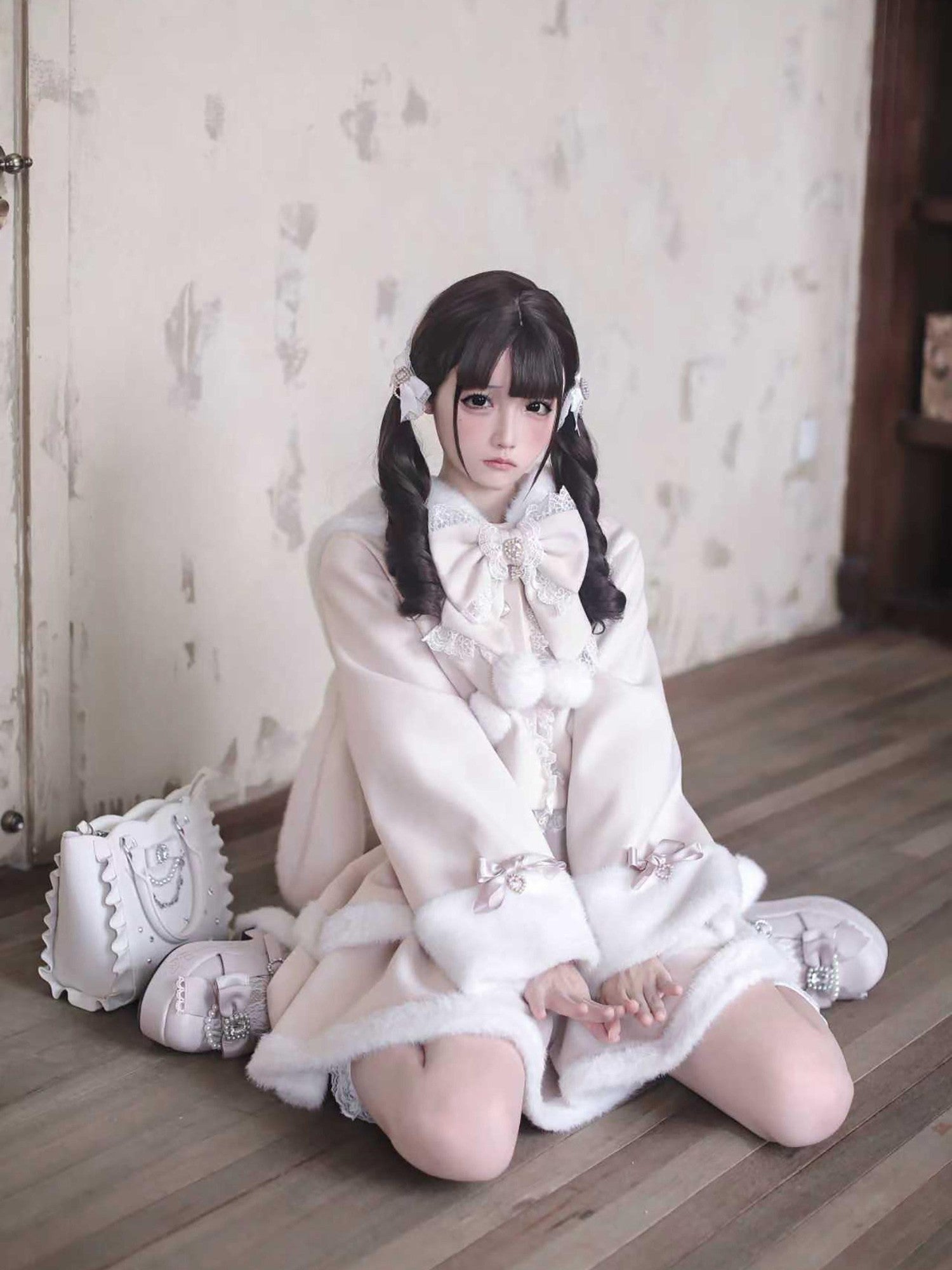 Ekomi Pink Heart Knot Lace Detachable Rabbit Ears Women's Plush Full Coordination Sets