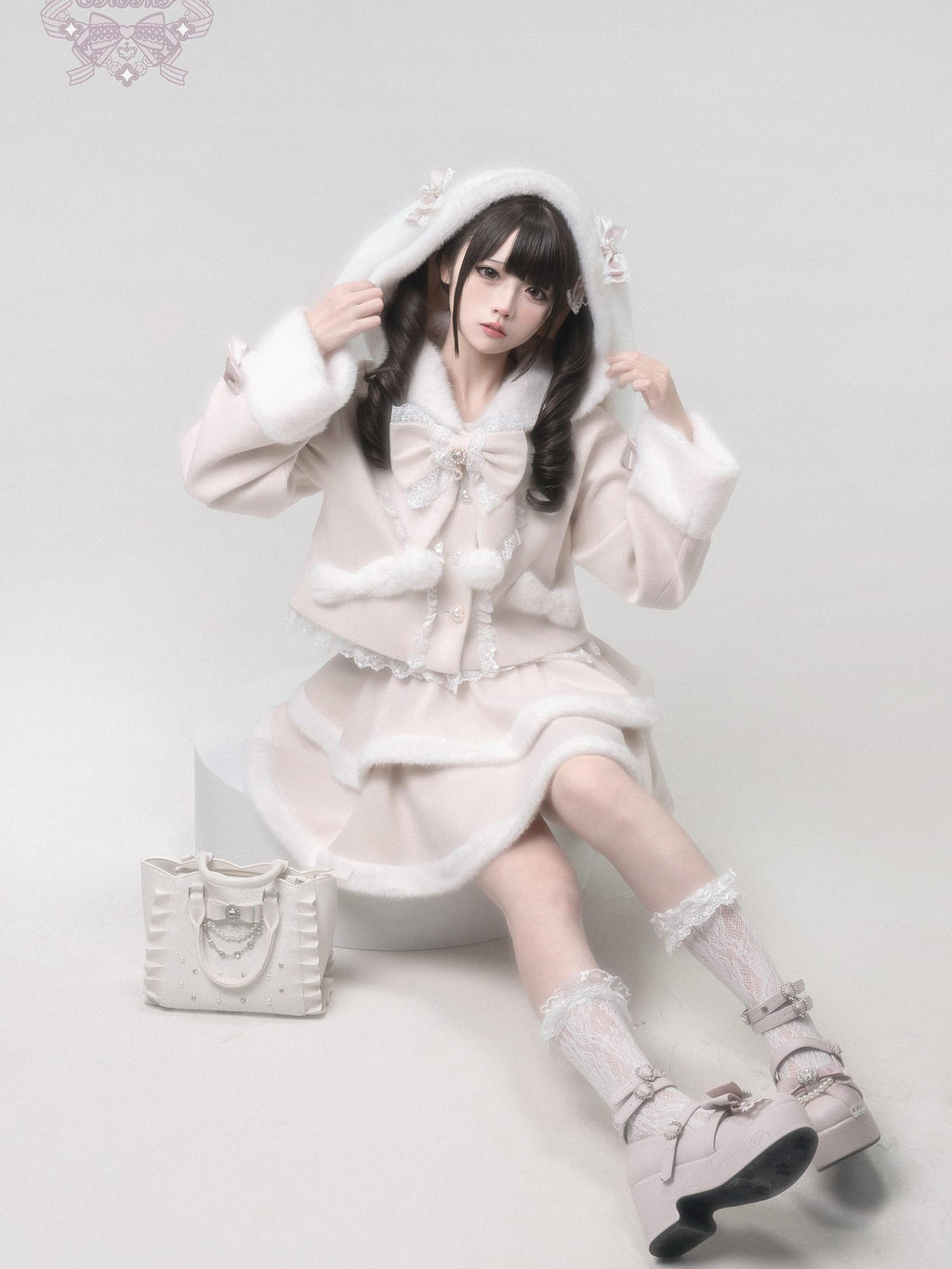 Ekomi Pink Heart Knot Lace Detachable Rabbit Ears Women's Plush Full Coordination Sets