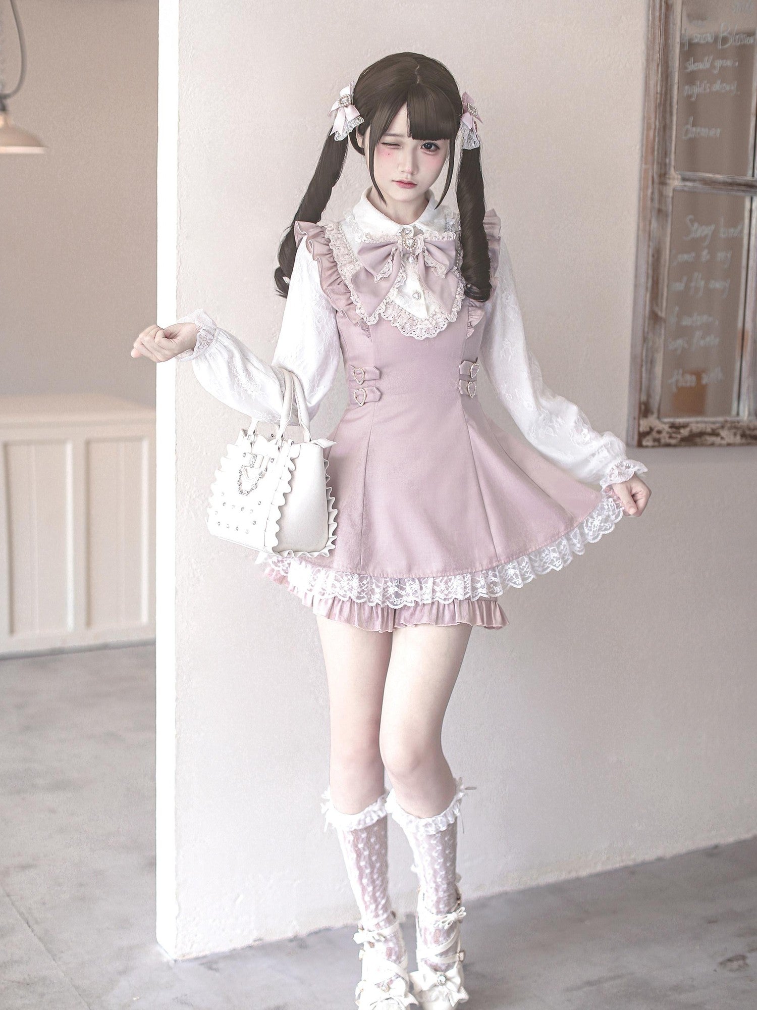 Ekomi Pink Lace Square Neck A Line Oversized Bow With Leggings Women's Op Sets