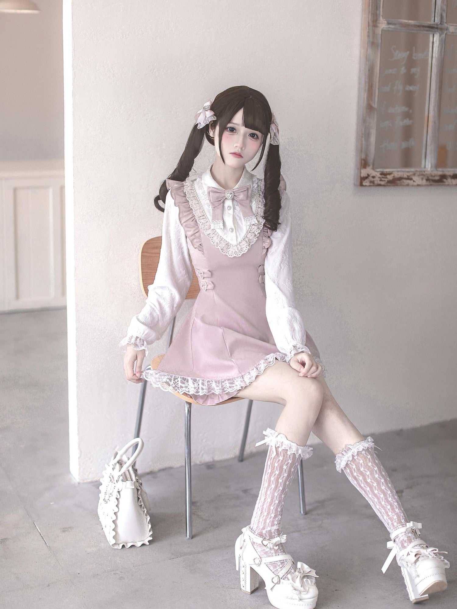 Ekomi Pink Lace Square Neck A Line Oversized Bow With Leggings Women's Op Sets