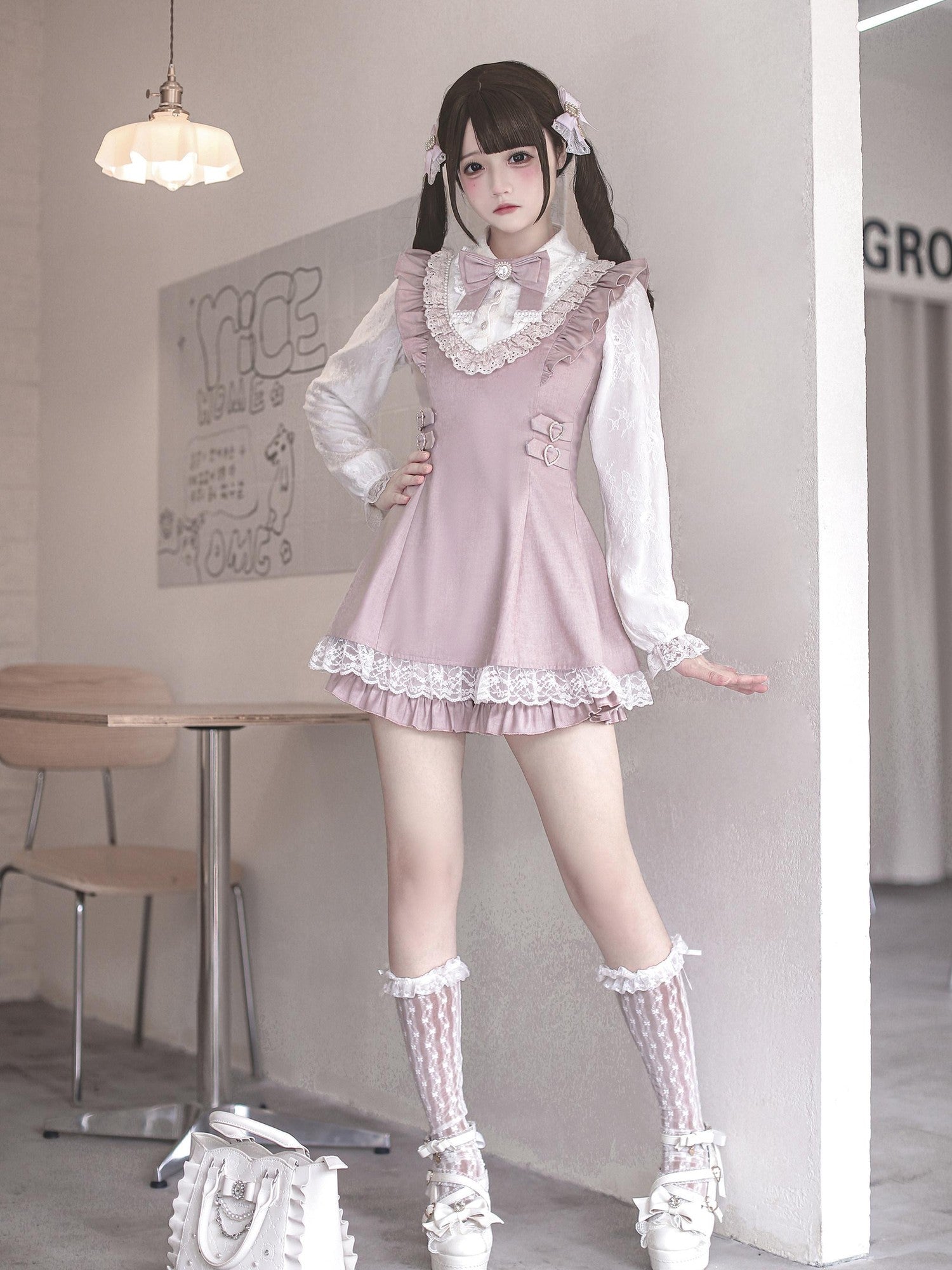 Ekomi Pink Lace Square Neck A Line Oversized Bow With Leggings Women's Op Sets