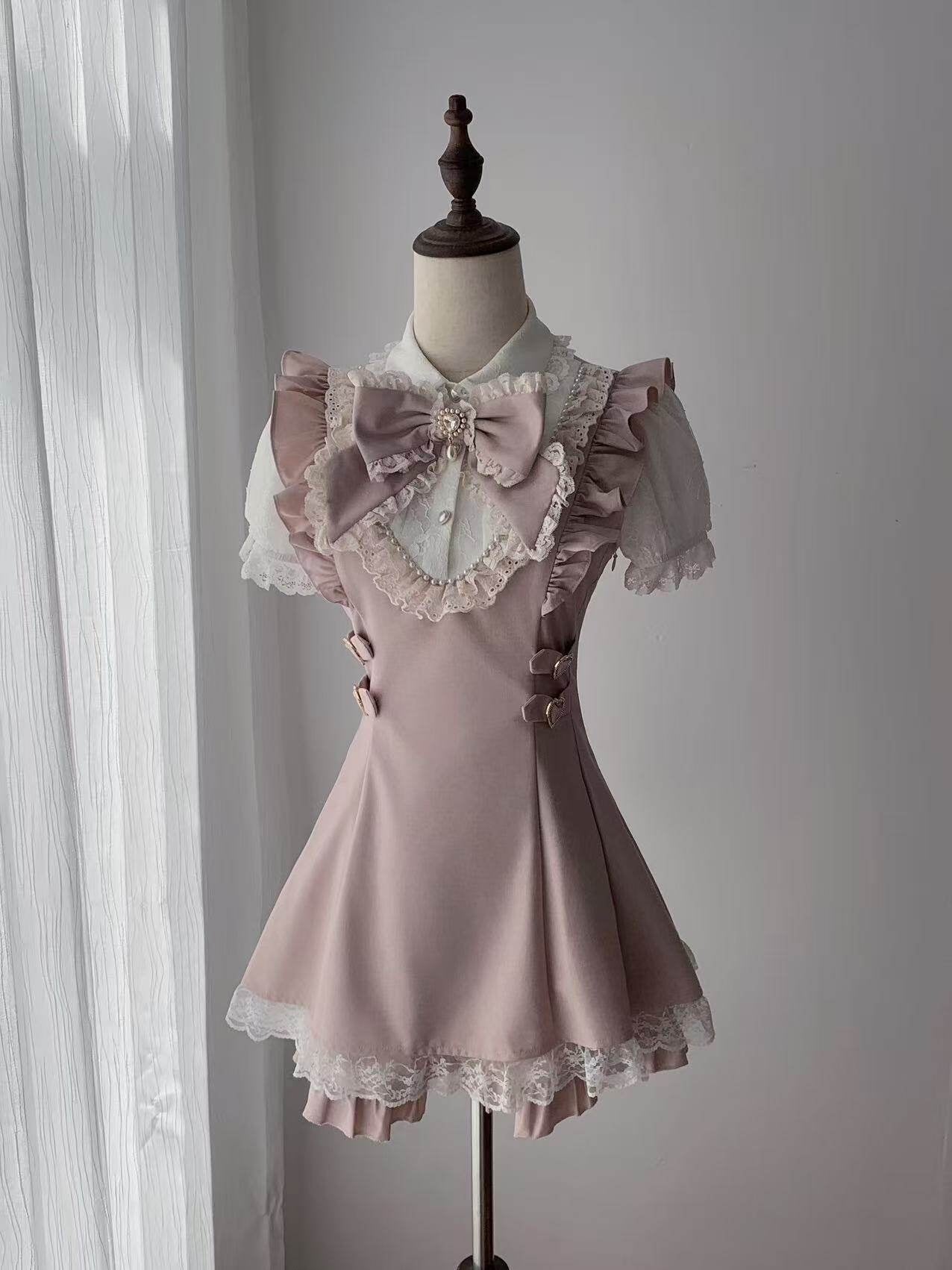 Ekomi_Pink_White_Lace_Heart_Doll_Collar_A_Line_Short_Sleeve_Slim_Fit_Women's_Op_Sets_1052263626195_MISSTT