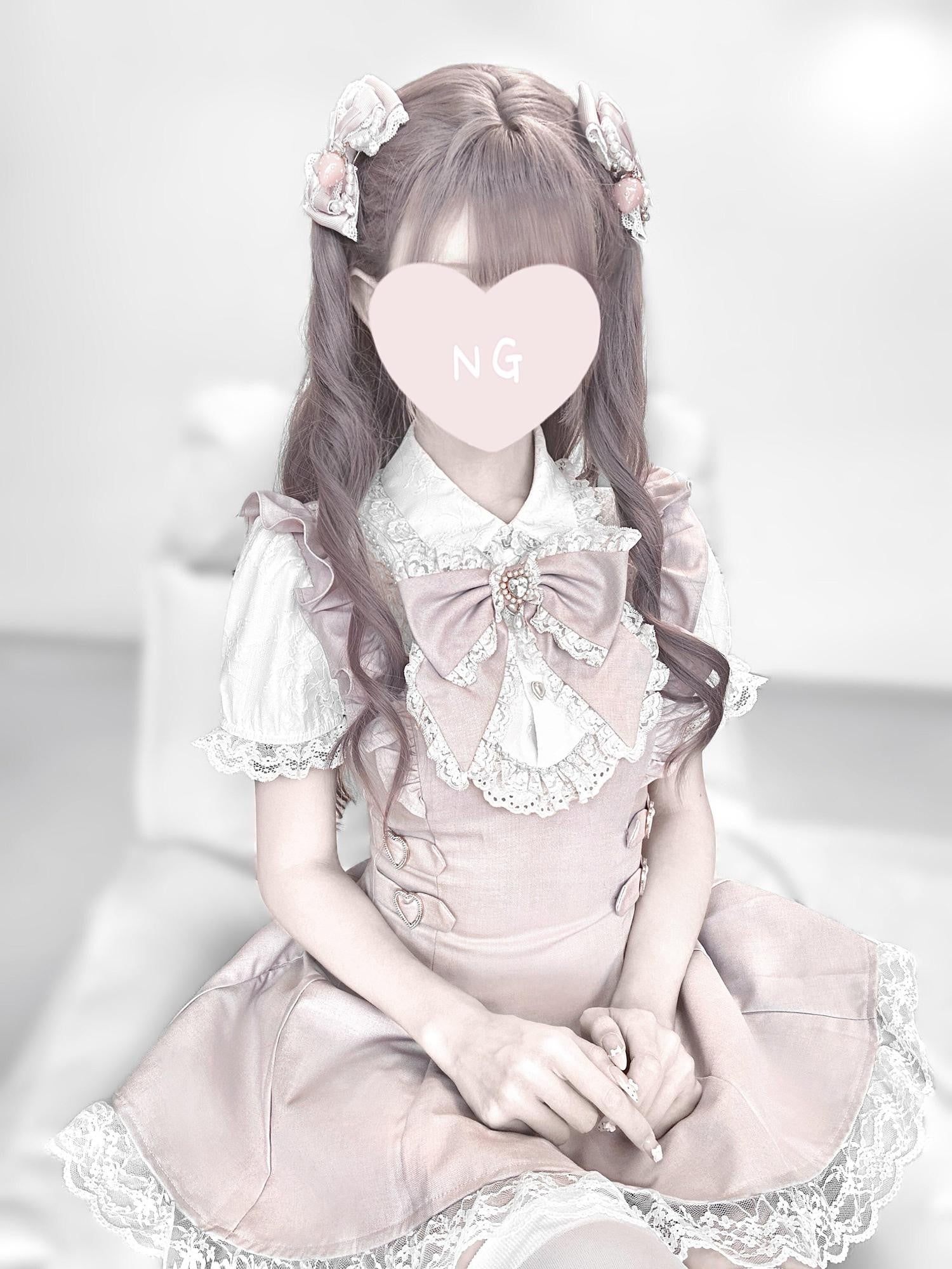 Ekomi Pink White Lace Heart Doll Collar A Line Short Sleeve Slim Fit Women's Op Sets
