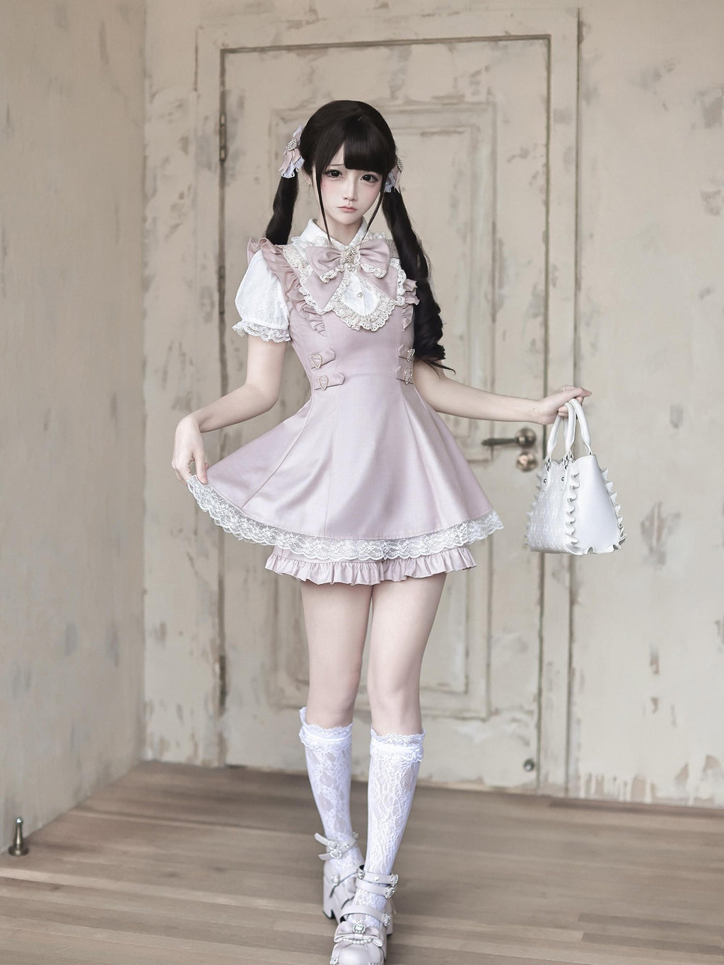 Ekomi Pink White Lace Heart Doll Collar A Line Short Sleeve Slim Fit Women's Op Sets
