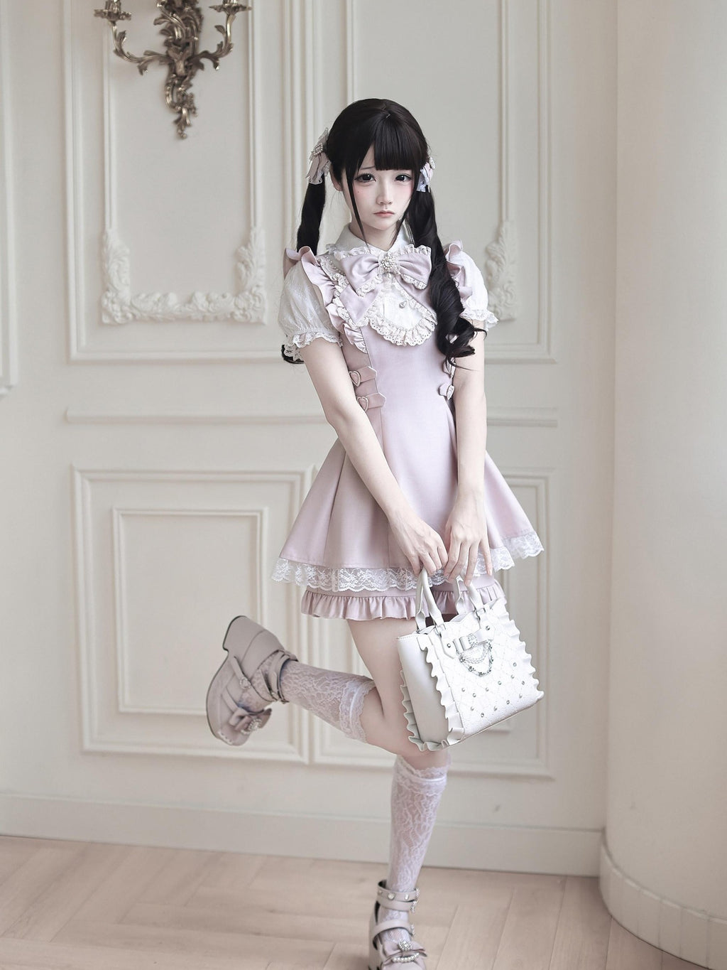 Ekomi Pink White Lace Heart Doll Collar A Line Short Sleeve Slim Fit Women's Op Sets