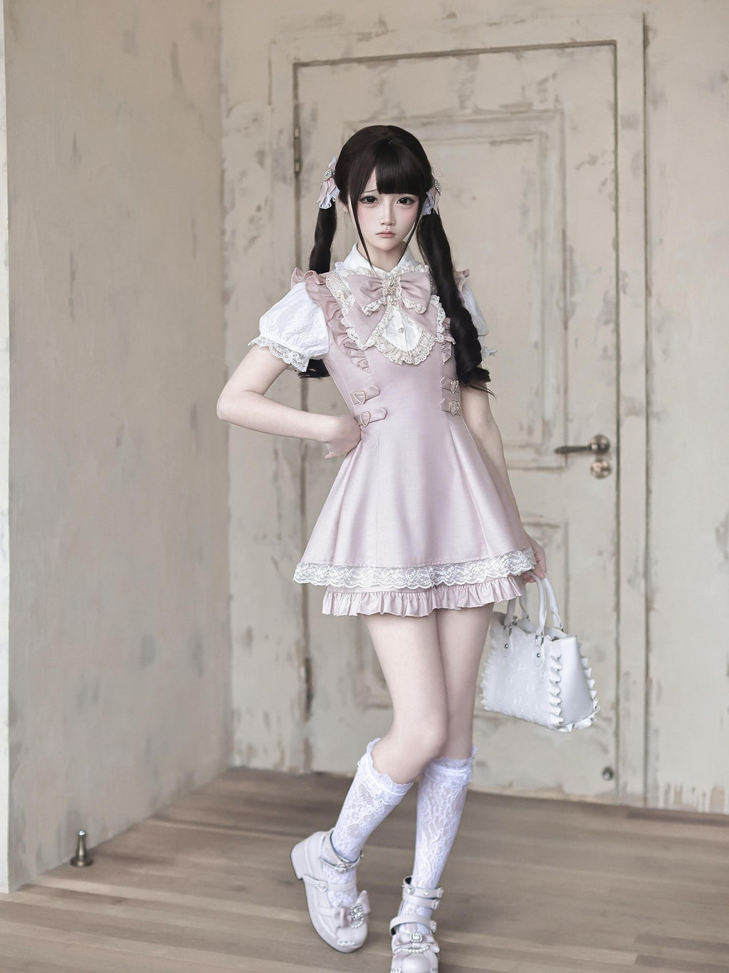 Ekomi Pink White Lace Heart Doll Collar A Line Short Sleeve Slim Fit Women's Op Sets