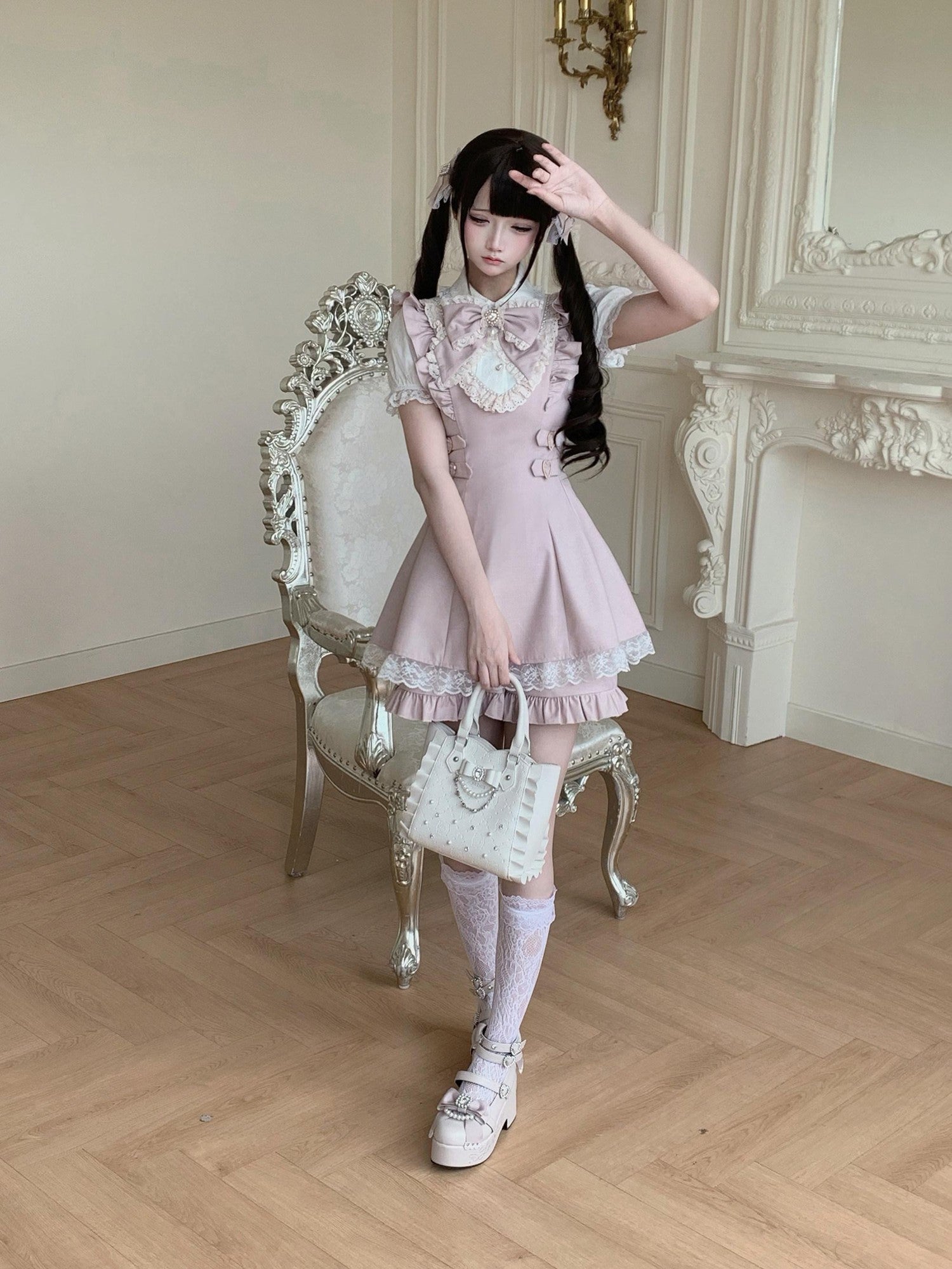 Ekomi Pink White Lace Heart Doll Collar A Line Short Sleeve Slim Fit Women's Op Sets