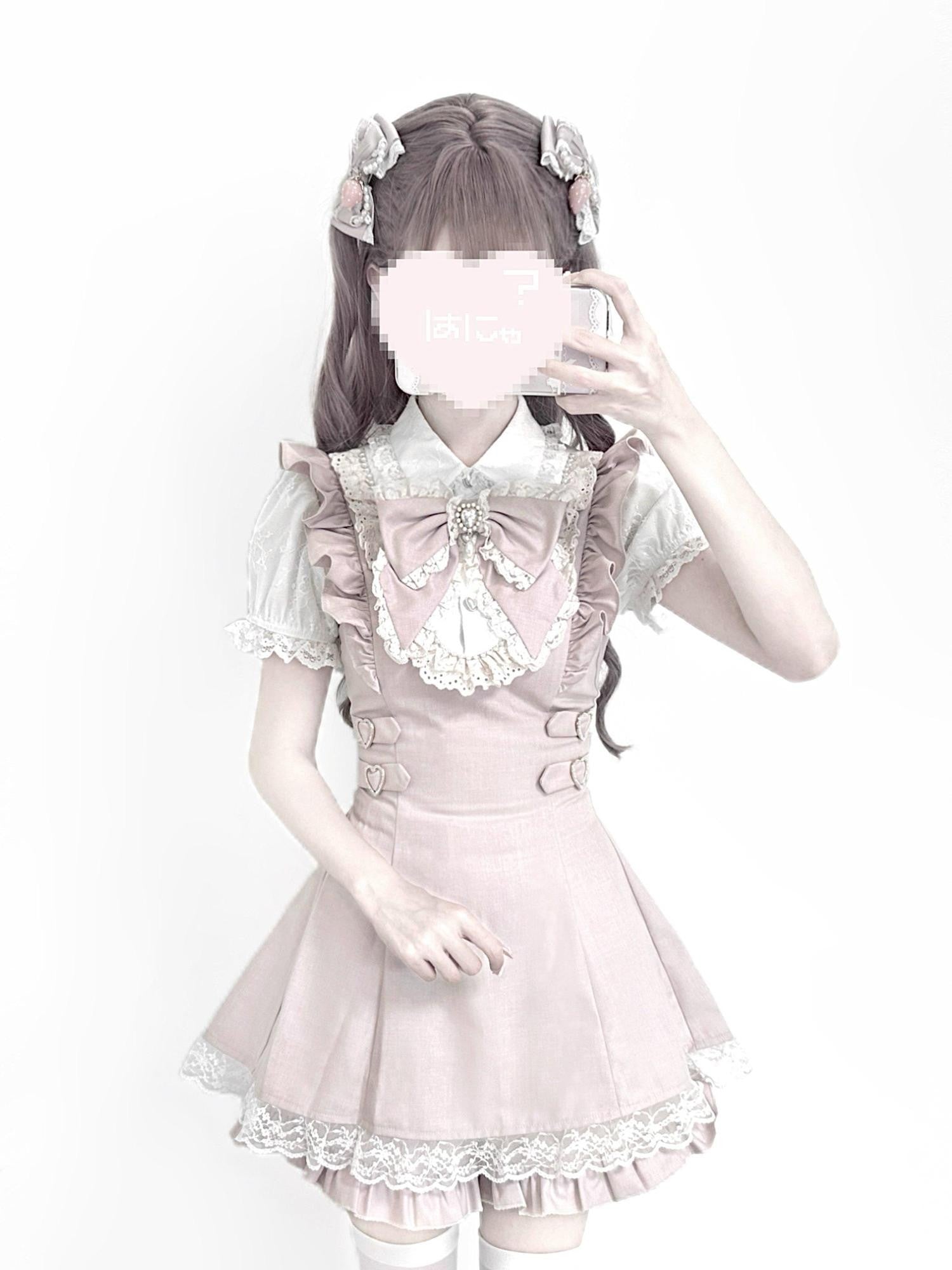 Ekomi Pink White Lace Heart Doll Collar A Line Short Sleeve Slim Fit Women's Op Sets