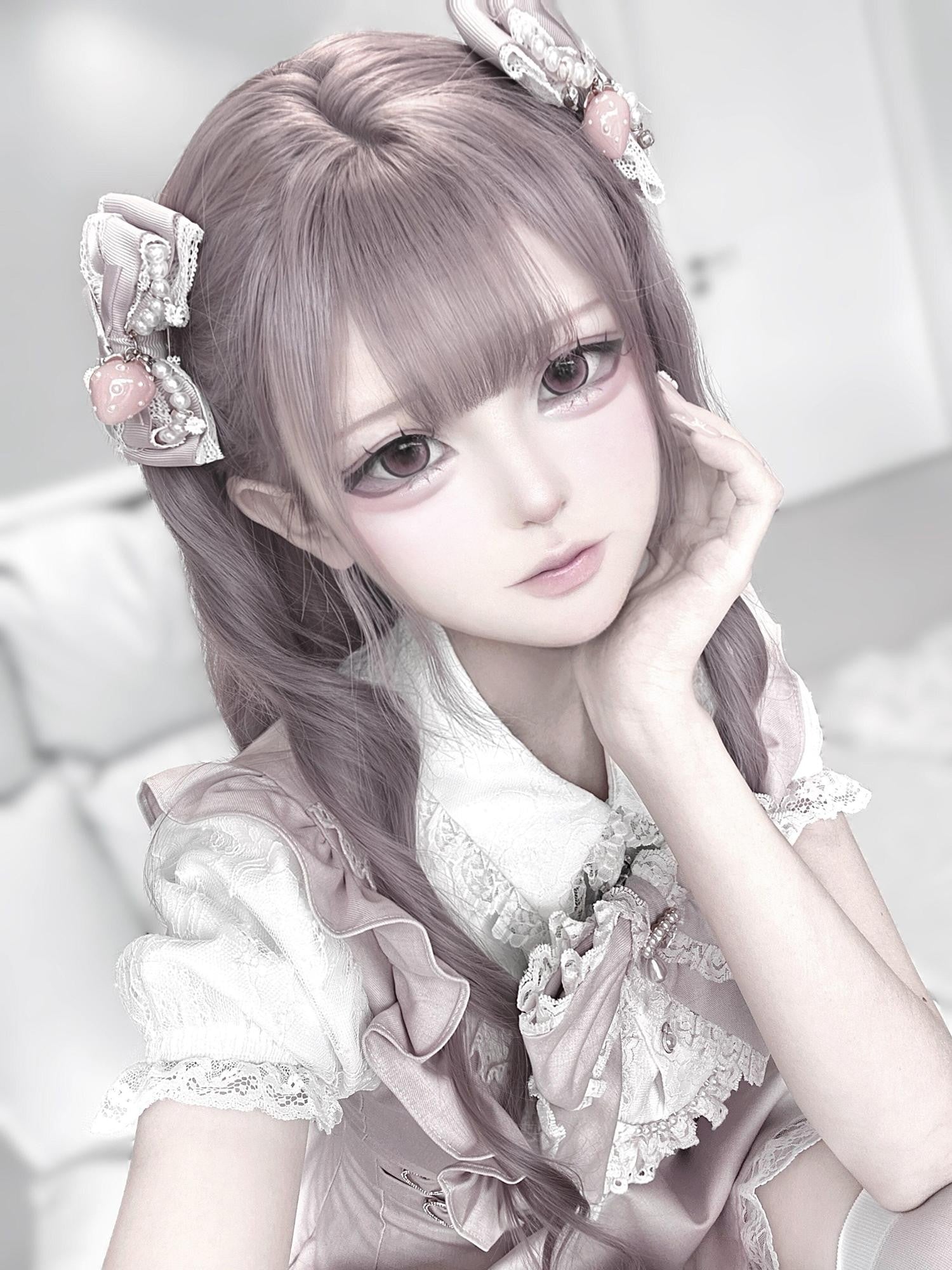 Ekomi Pink White Lace Heart Doll Collar A Line Short Sleeve Slim Fit Women's Op Sets