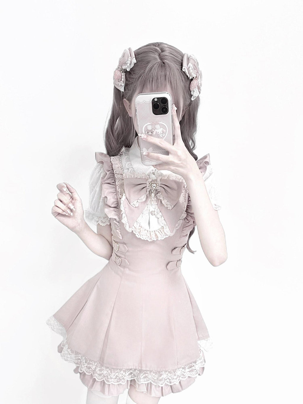 Ekomi Pink White Lace Heart Doll Collar A Line Short Sleeve Slim Fit Women's Op Sets