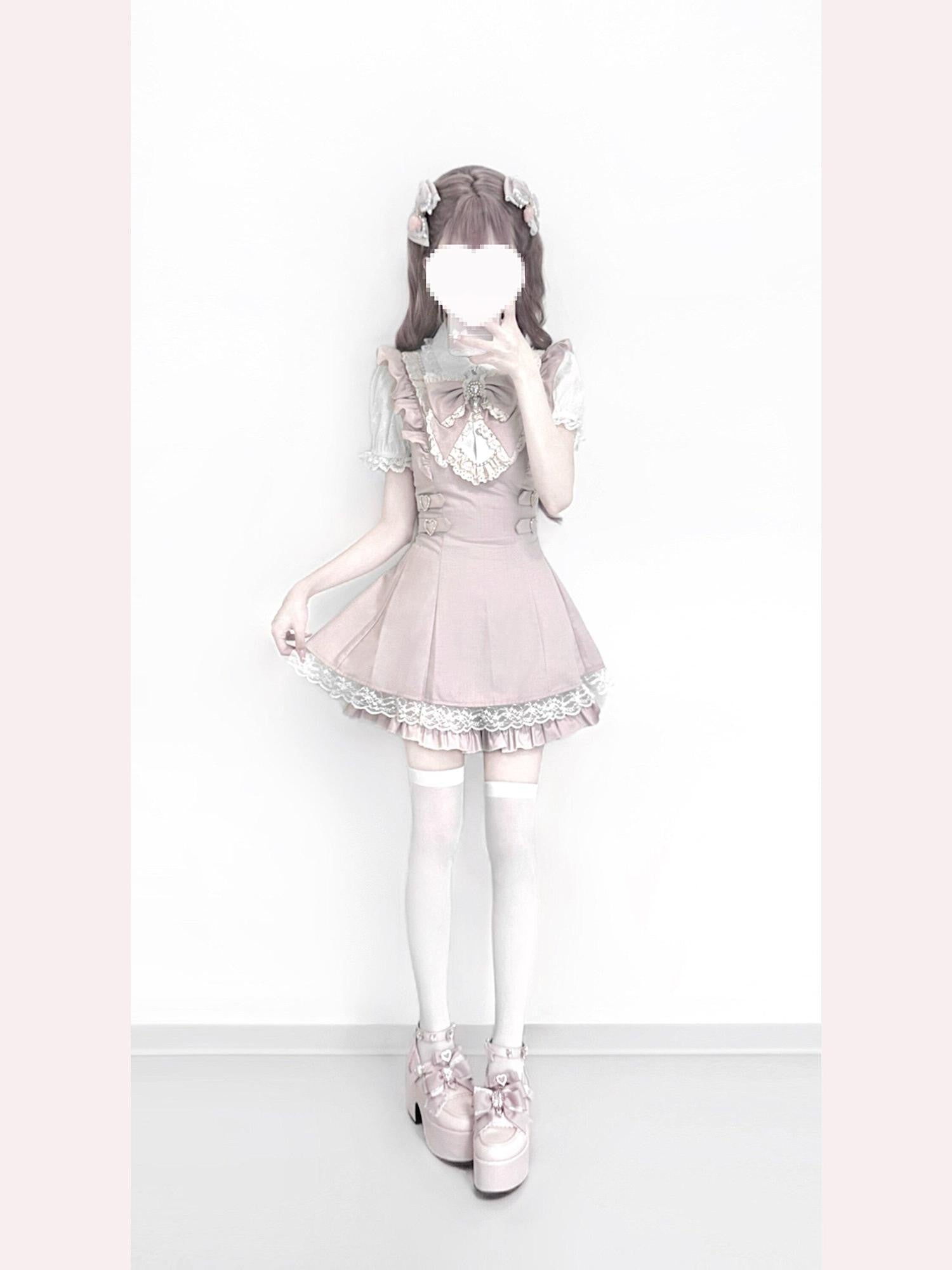 Ekomi Pink White Lace Heart Doll Collar A Line Short Sleeve Slim Fit Women's Op Sets