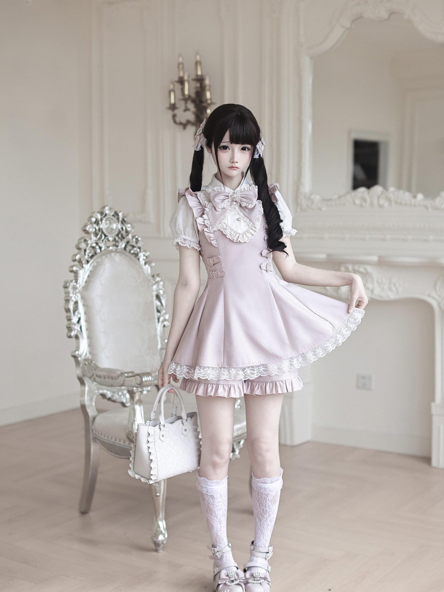 Ekomi Pink White Lace Heart Doll Collar A Line Short Sleeve Slim Fit Women's Op Sets