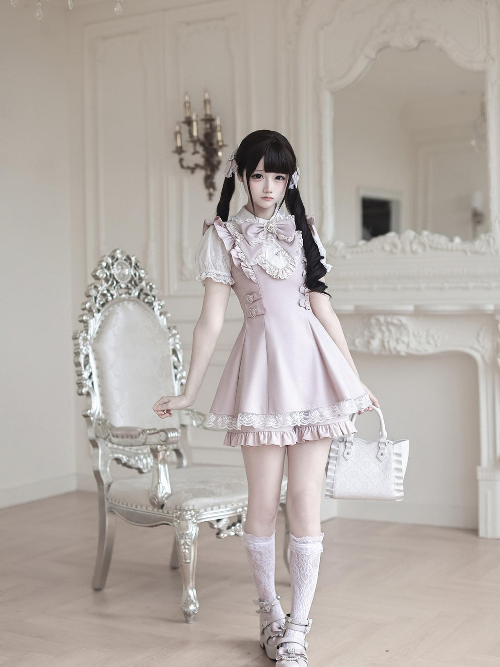 Ekomi Pink White Lace Heart Doll Collar A Line Short Sleeve Slim Fit Women's Op Sets