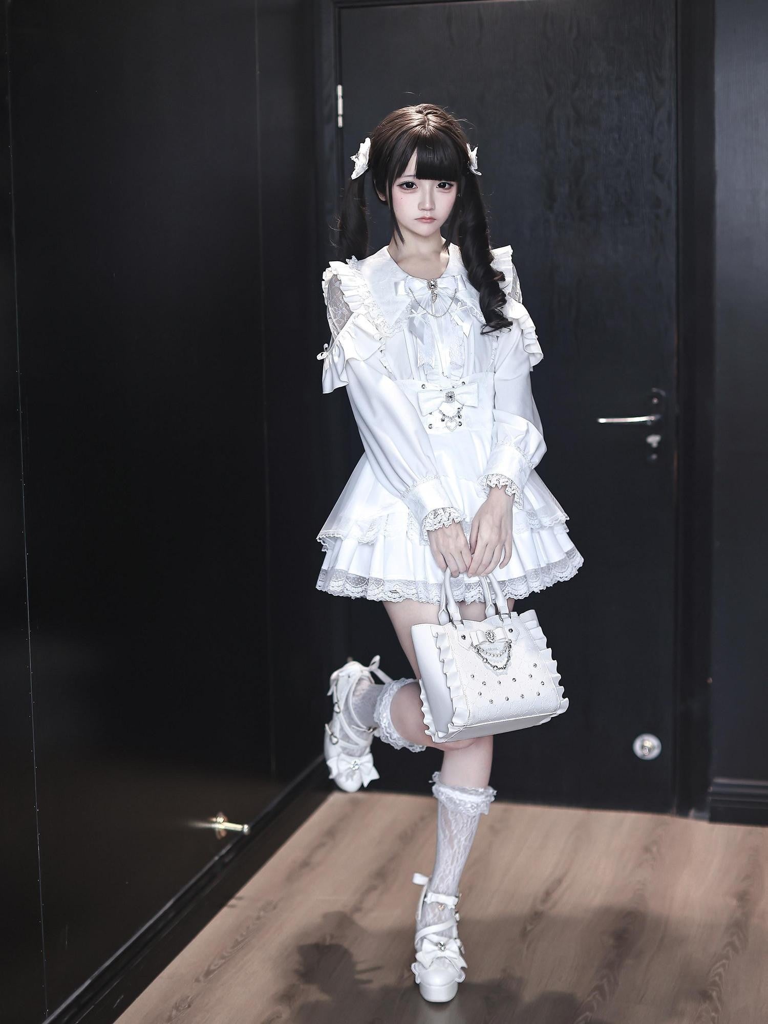 Ekomi Pure White Lace Bow Collared A Line Skirt Set Women's Long Sleeve Op