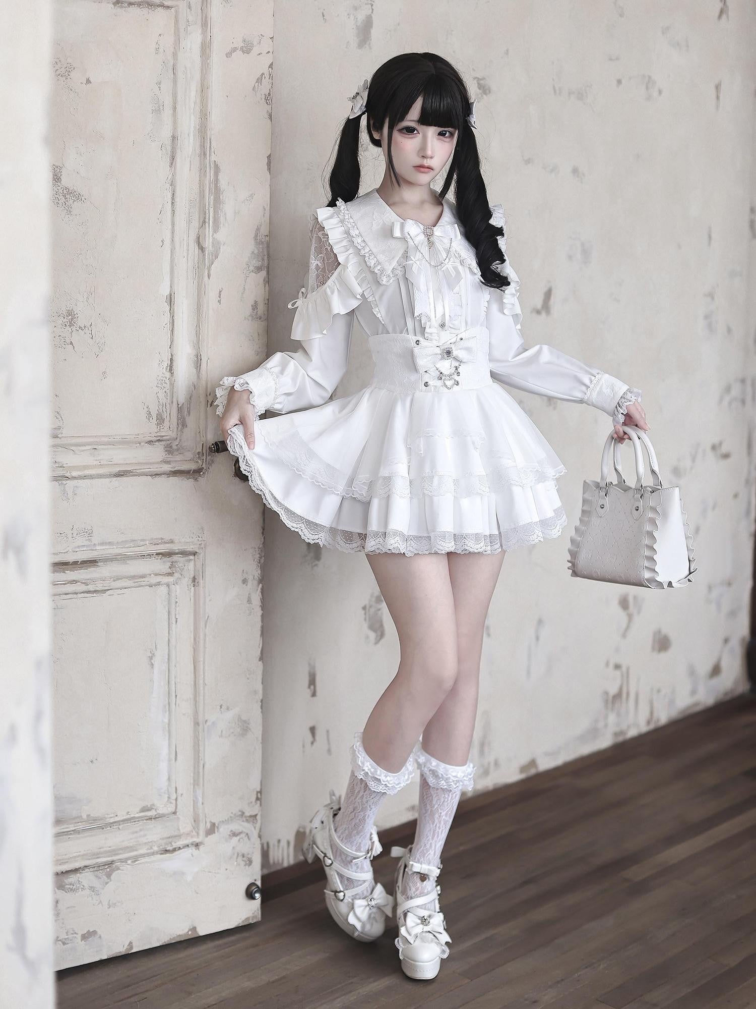 Ekomi Pure White Lace Bow Collared A Line Skirt Set Women's Long Sleeve Op