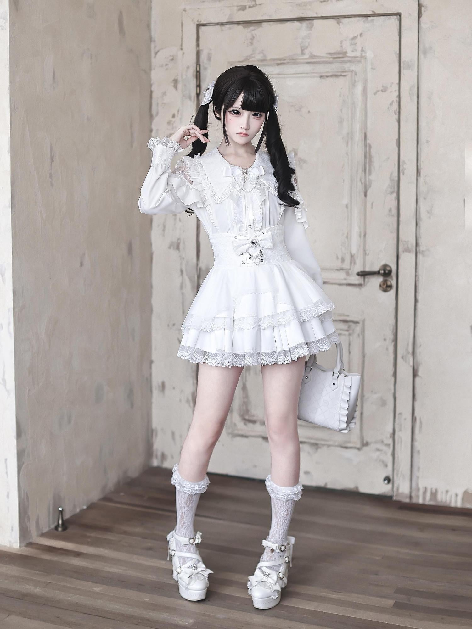 Ekomi Pure White Lace Bow Collared A Line Skirt Set Women's Long Sleeve Op