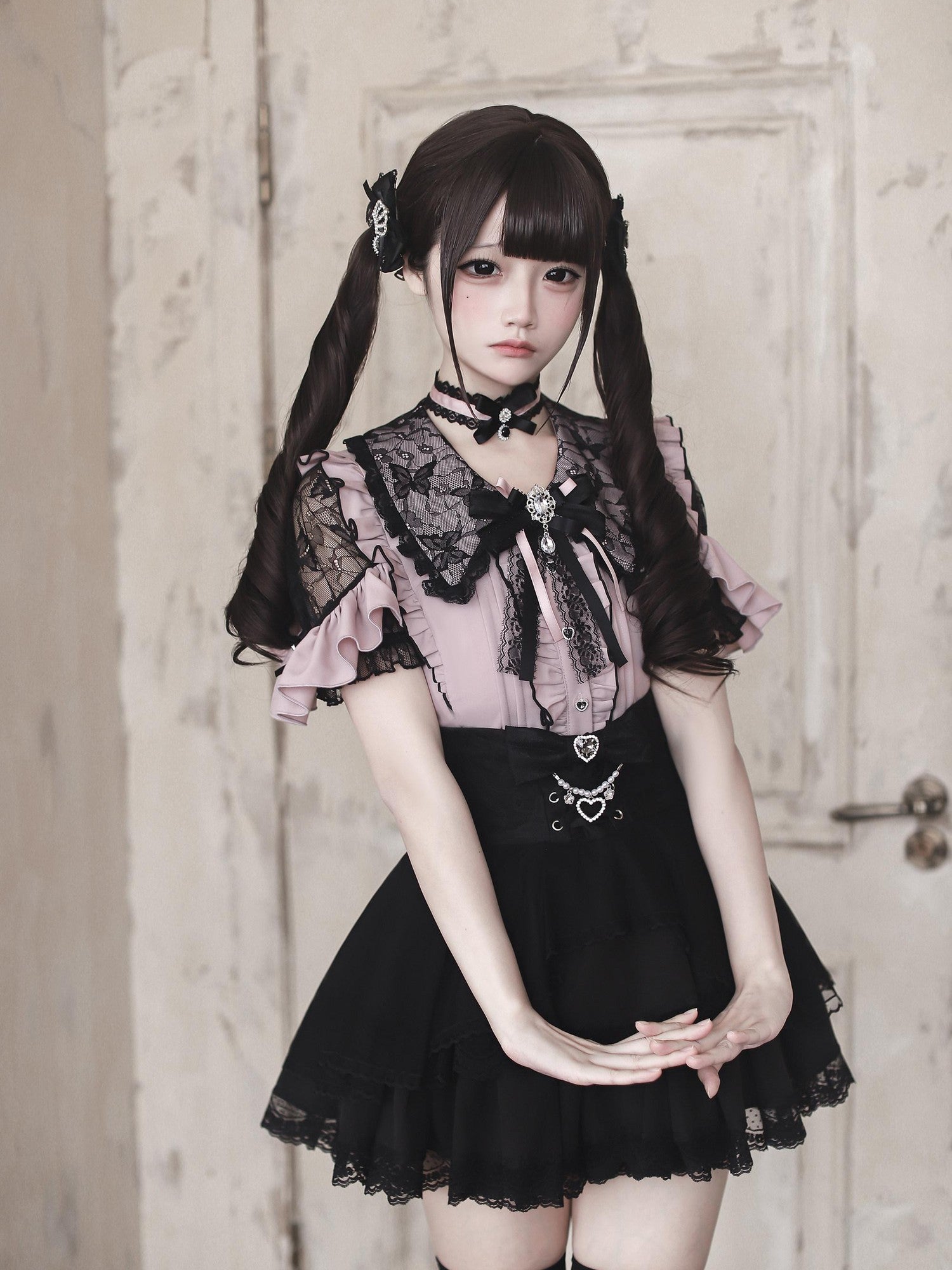 Ekomi Pure White Round Neck Bow Choker Bubble Skirt Women's Lace Jsk / Jumper Skirts
