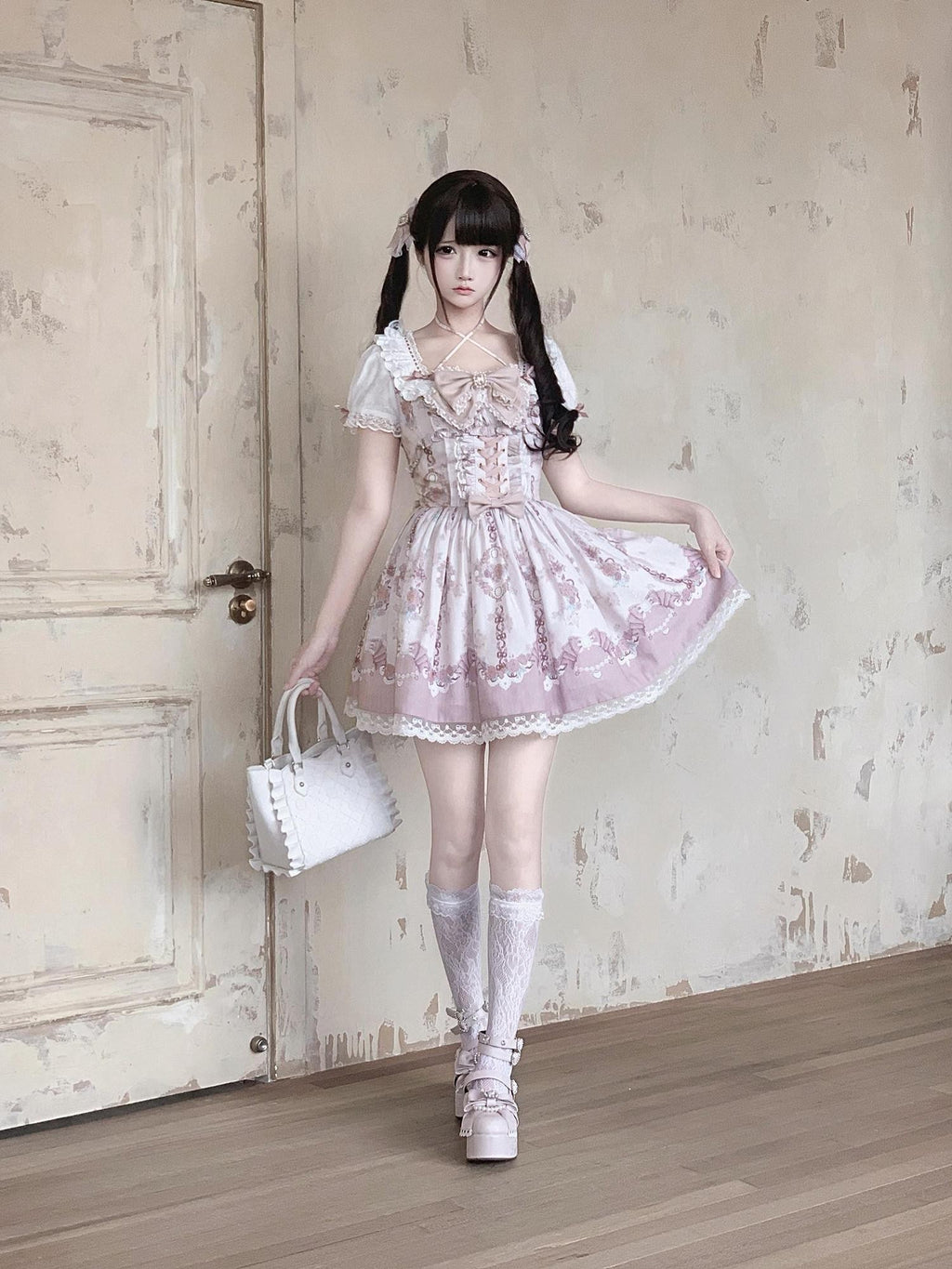 Ekomi Romantic Flower Wall Print Bubble Skirt Round Neck Women's Short Sleeve Op