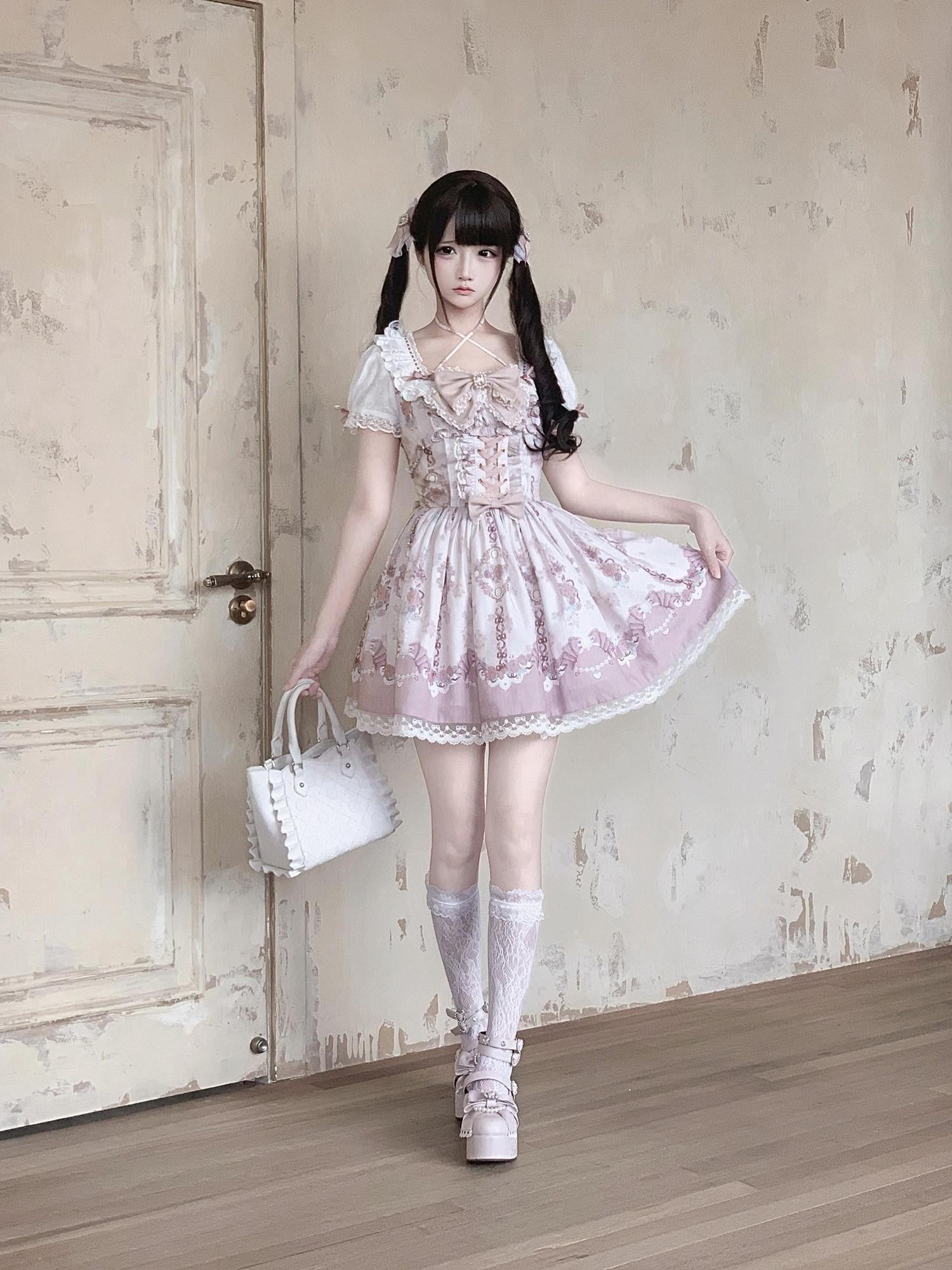 Ekomi Romantic Flower Wall Print Bubble Skirt Round Neck Women's Short Sleeve Op