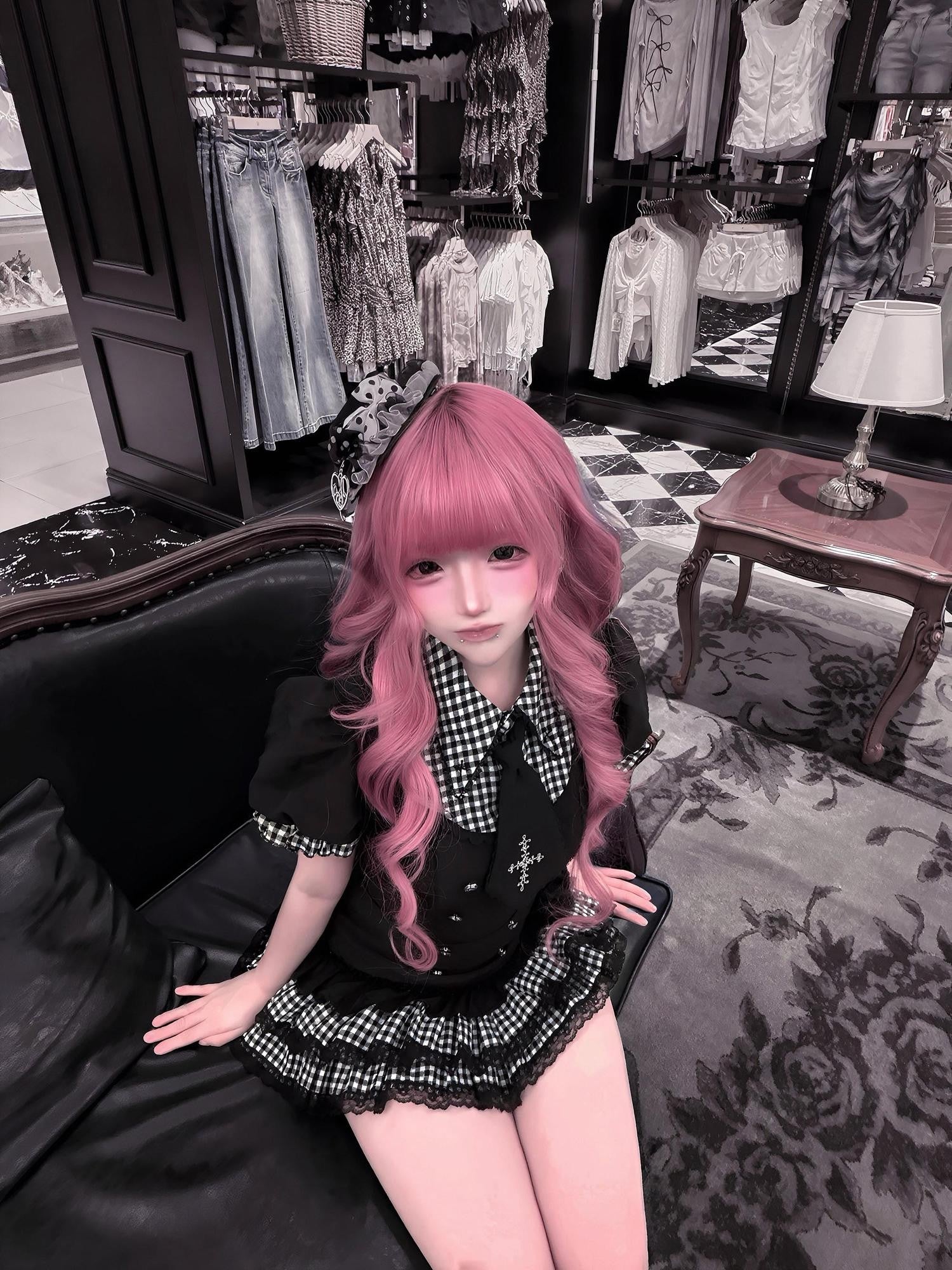 Ekomi Starry Night Plaid Lace Manga Schoolgirl A Line Women's Op Sets