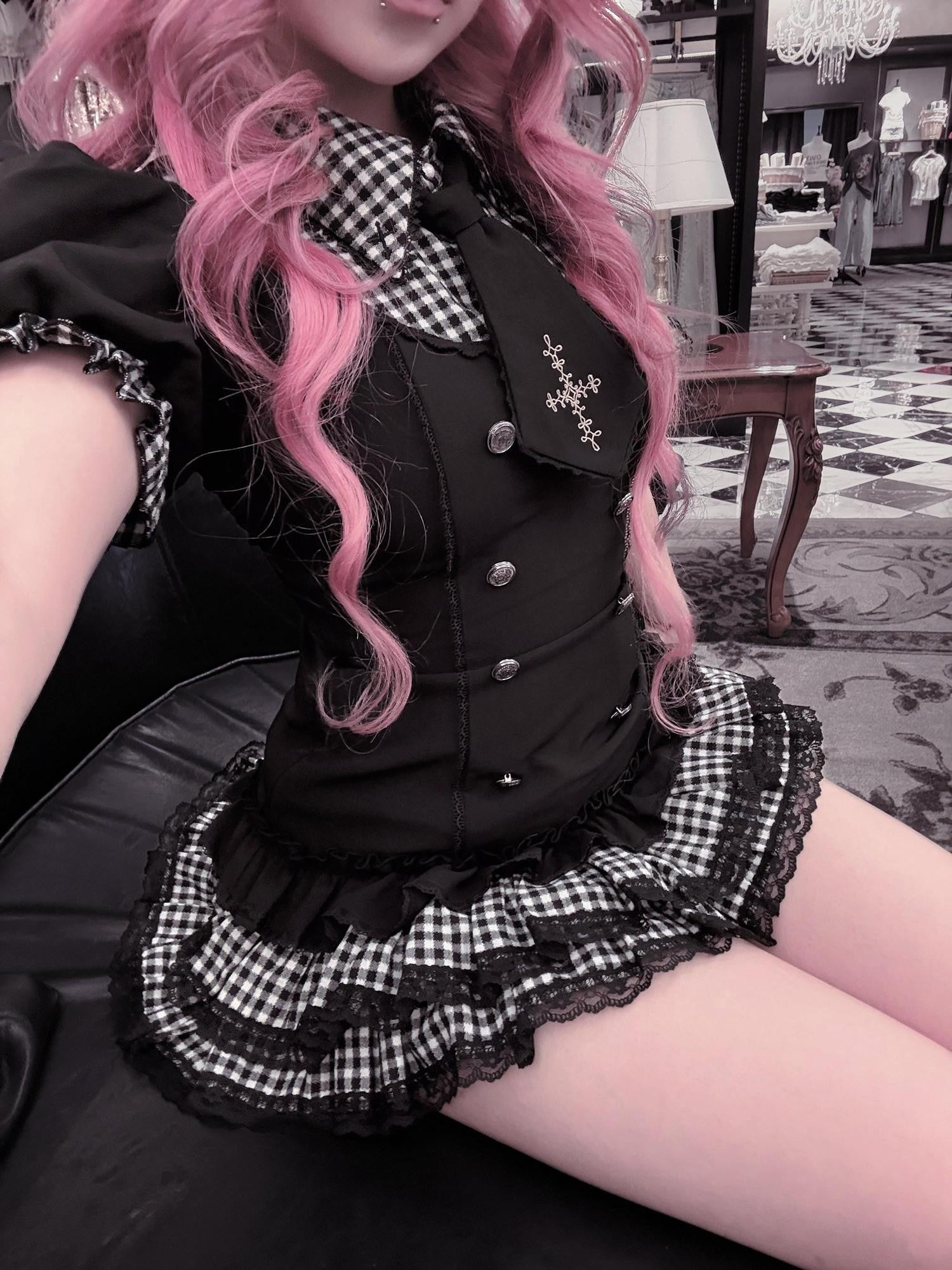 Ekomi Starry Night Plaid Lace Manga Schoolgirl A Line Women's Op Sets