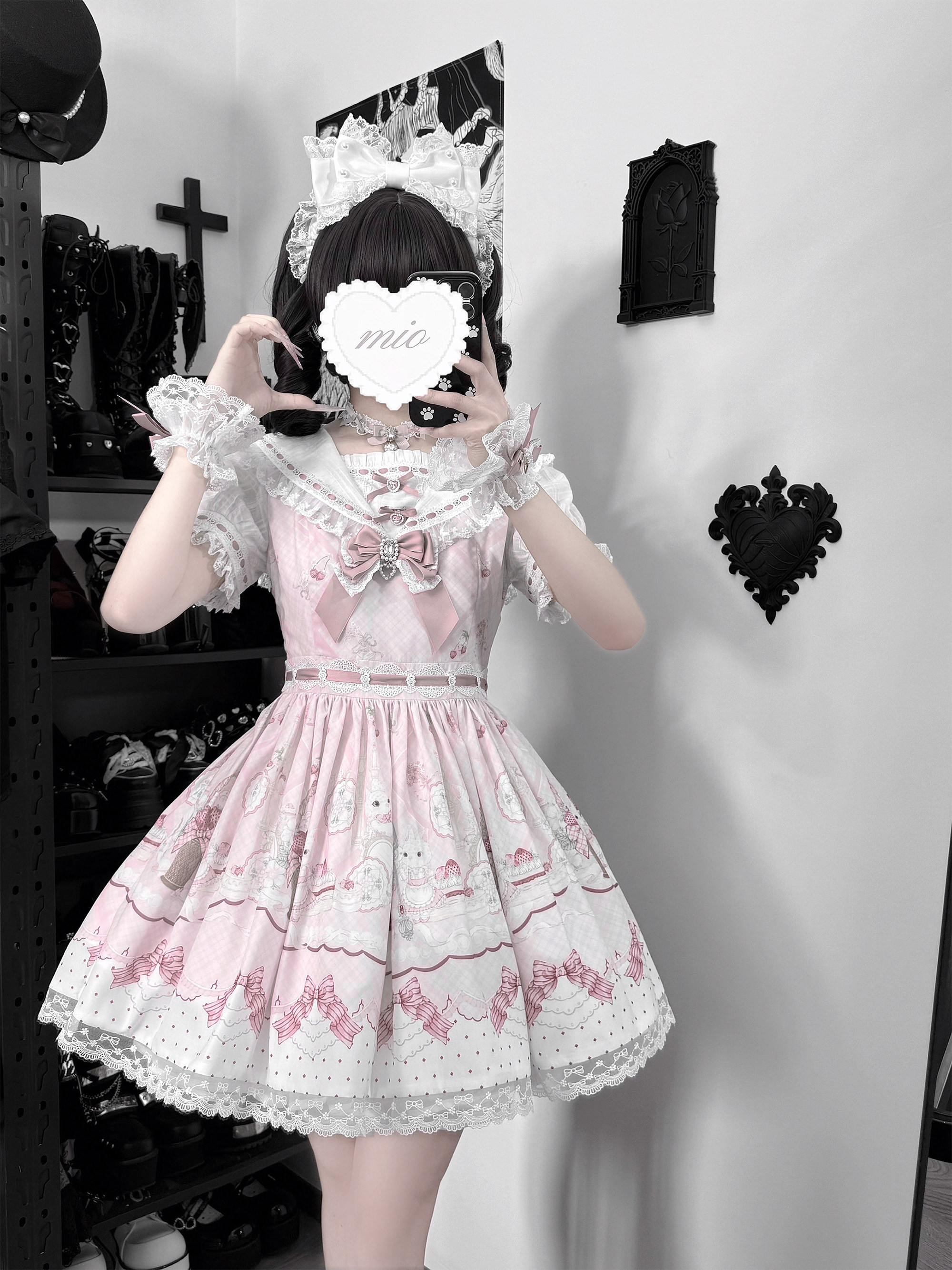 Ekomi_Strawberry_Rabbit_Floral_Lace_Bow_A_Line_Women's_Round_Neck_Short_Sleeve_Op_1022712813430_MISSTT