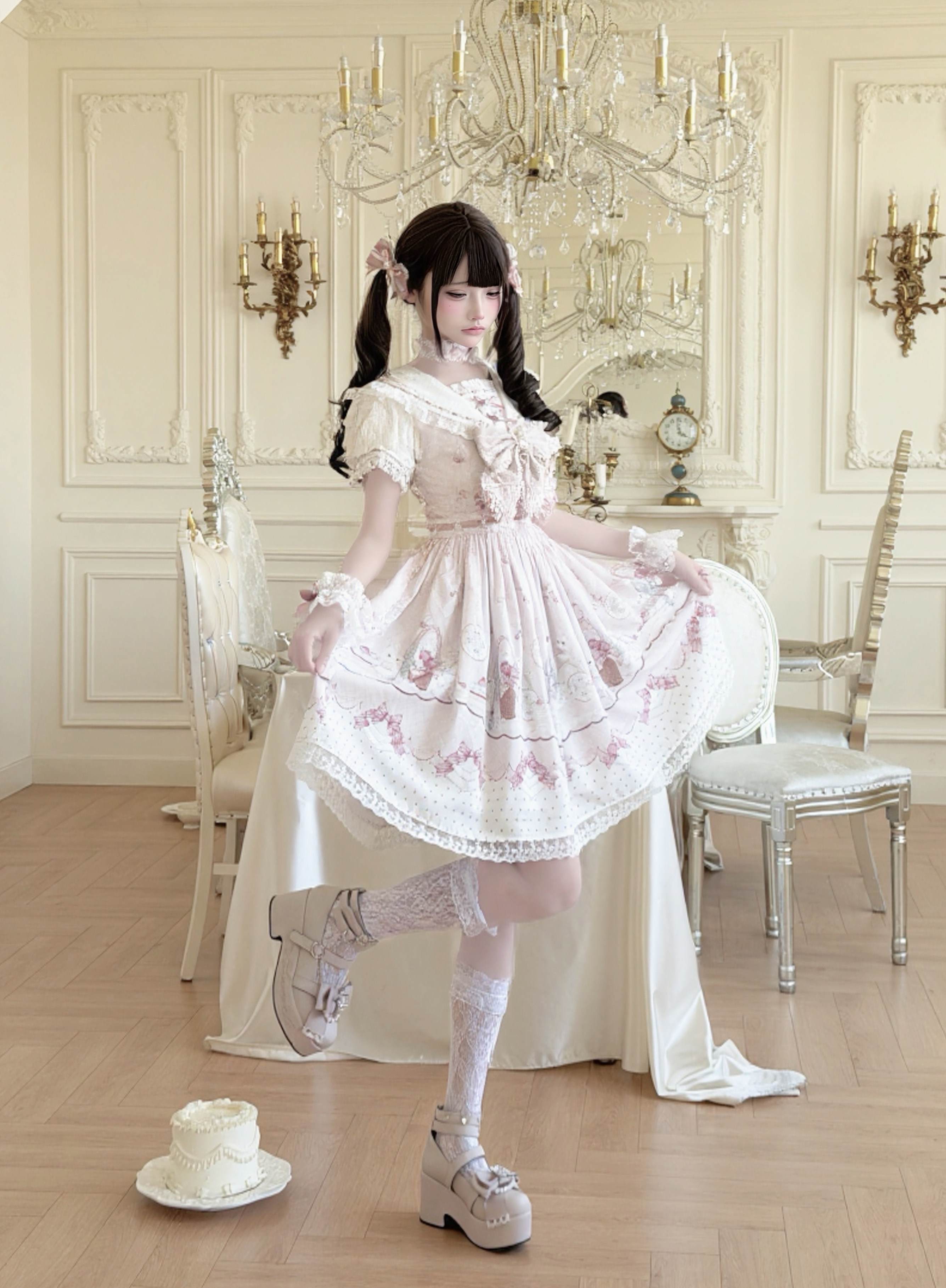Ekomi_Strawberry_Rabbit_Floral_Lace_Bow_A_Line_Women's_Round_Neck_Short_Sleeve_Op_1022712813430_MISSTT