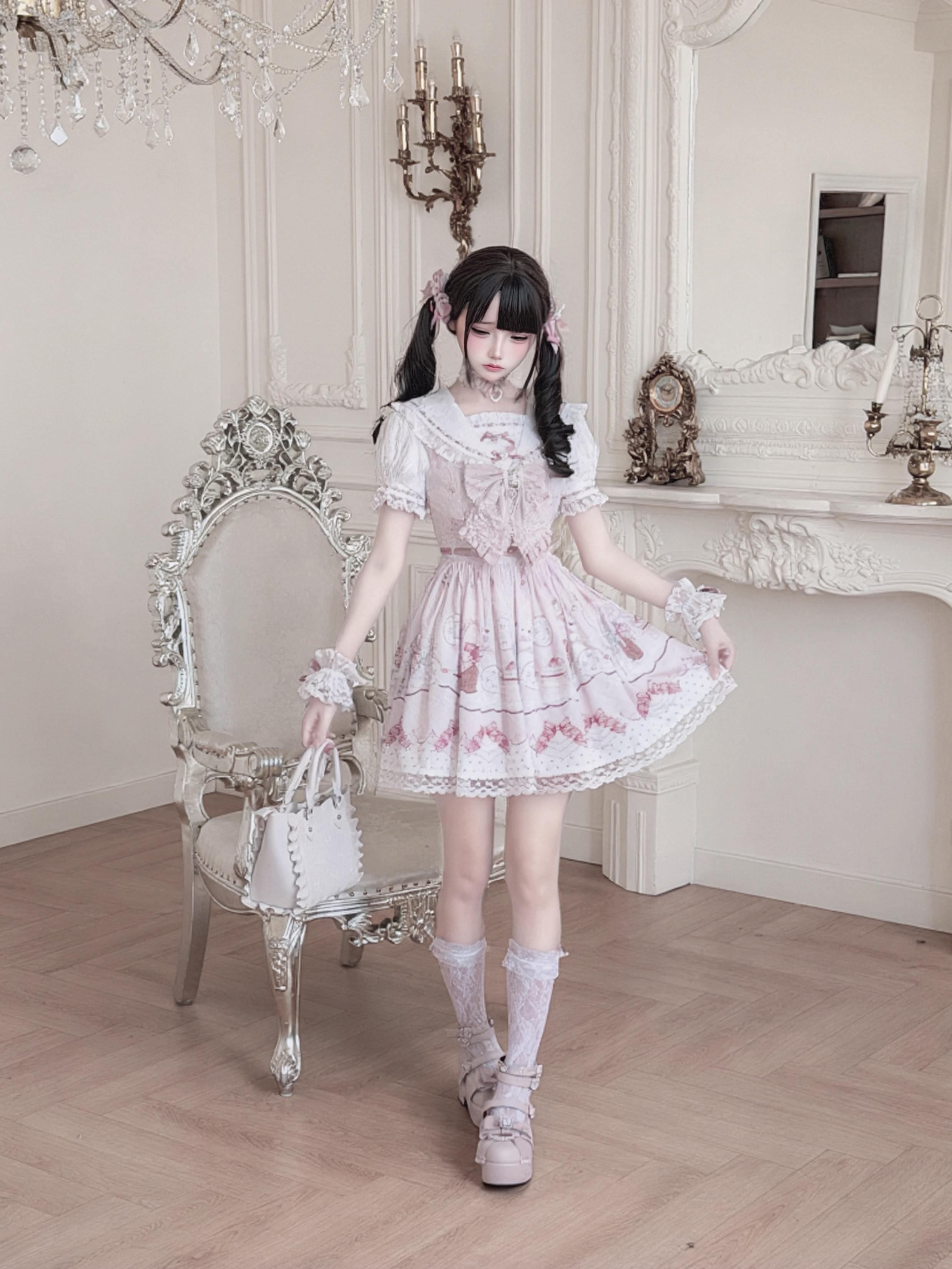 Ekomi_Strawberry_Rabbit_Floral_Lace_Bow_A_Line_Women's_Round_Neck_Short_Sleeve_Op_1022712813430_MISSTT