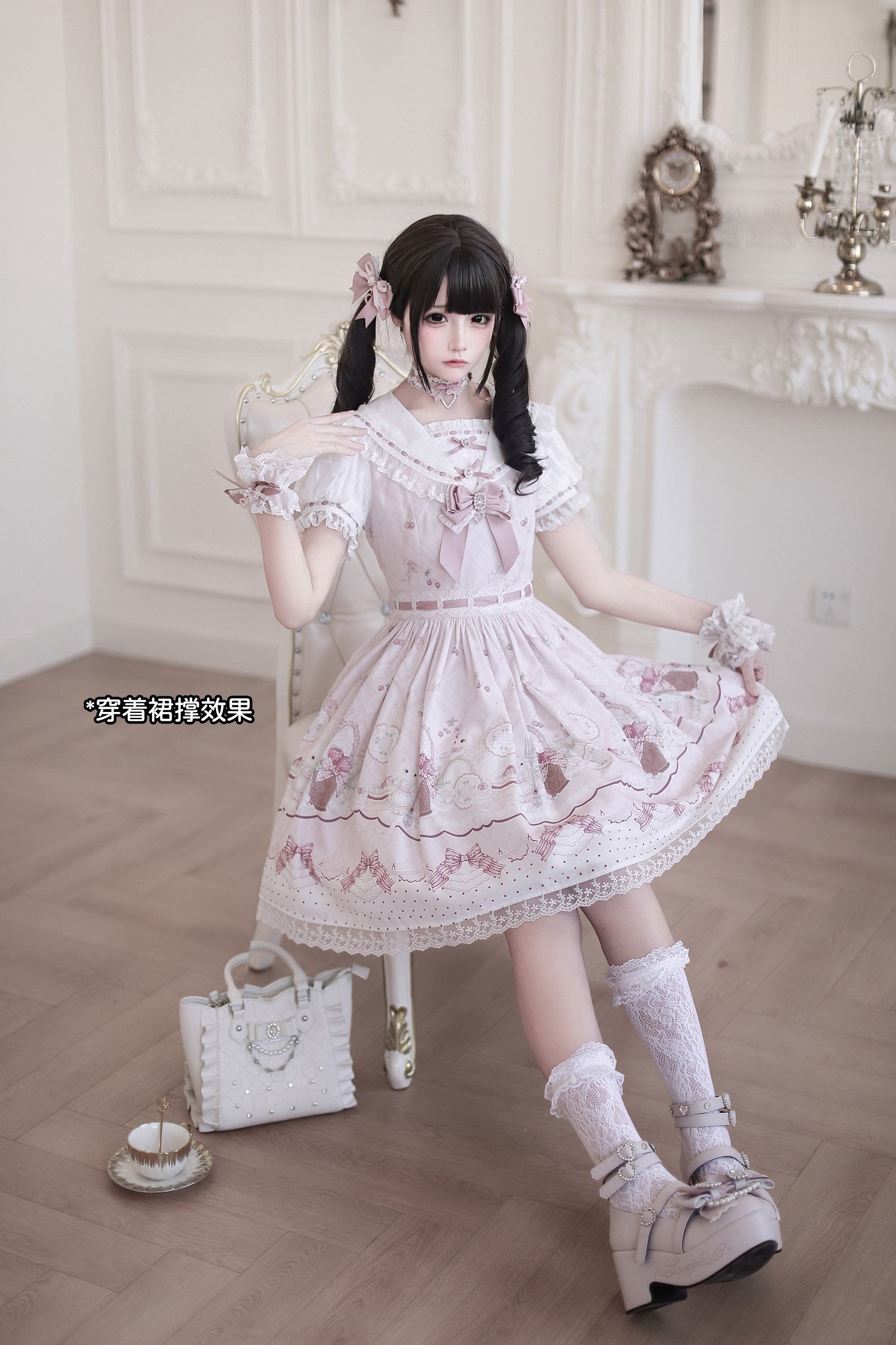 Ekomi_Strawberry_Rabbit_Floral_Lace_Bow_A_Line_Women's_Round_Neck_Short_Sleeve_Op_1022712813430_MISSTT