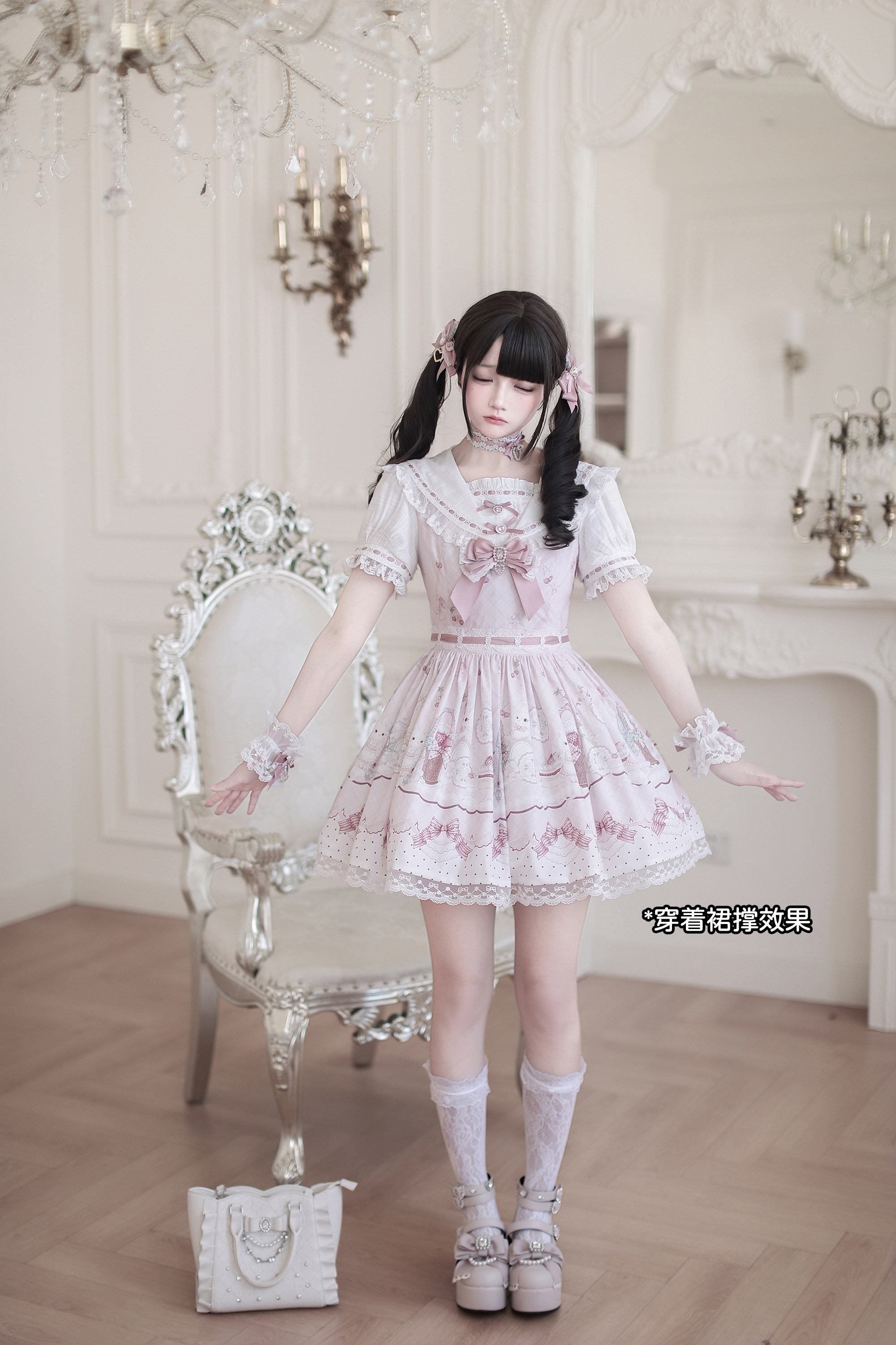 Ekomi_Strawberry_Rabbit_Floral_Lace_Bow_A_Line_Women's_Round_Neck_Short_Sleeve_Op_1022712813430_MISSTT