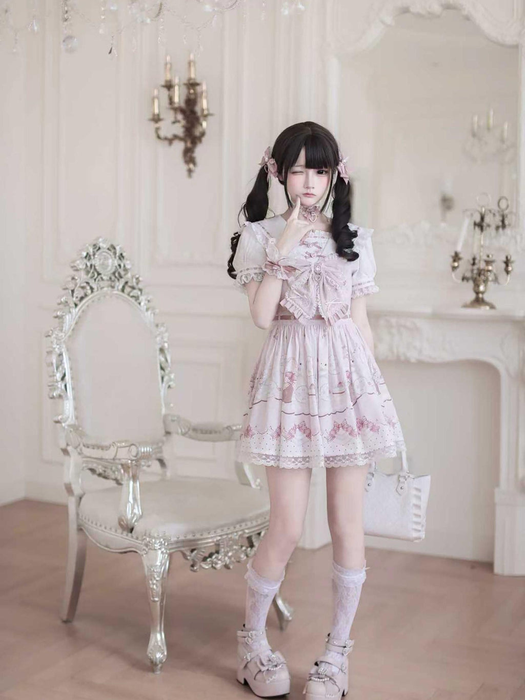 Ekomi Strawberry Rabbit Floral Lace Bow A Line Women's Round Neck Short Sleeve Op