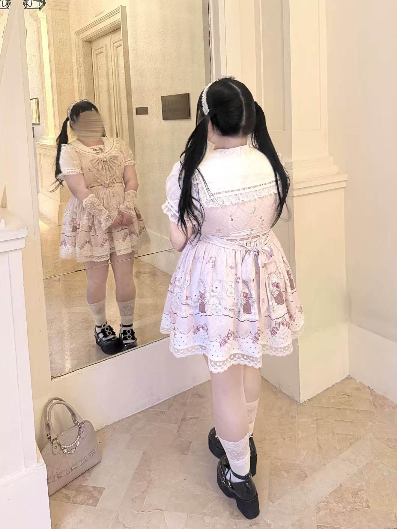 Ekomi Strawberry Rabbit Floral Lace Bow A Line Women's Round Neck Short Sleeve Op